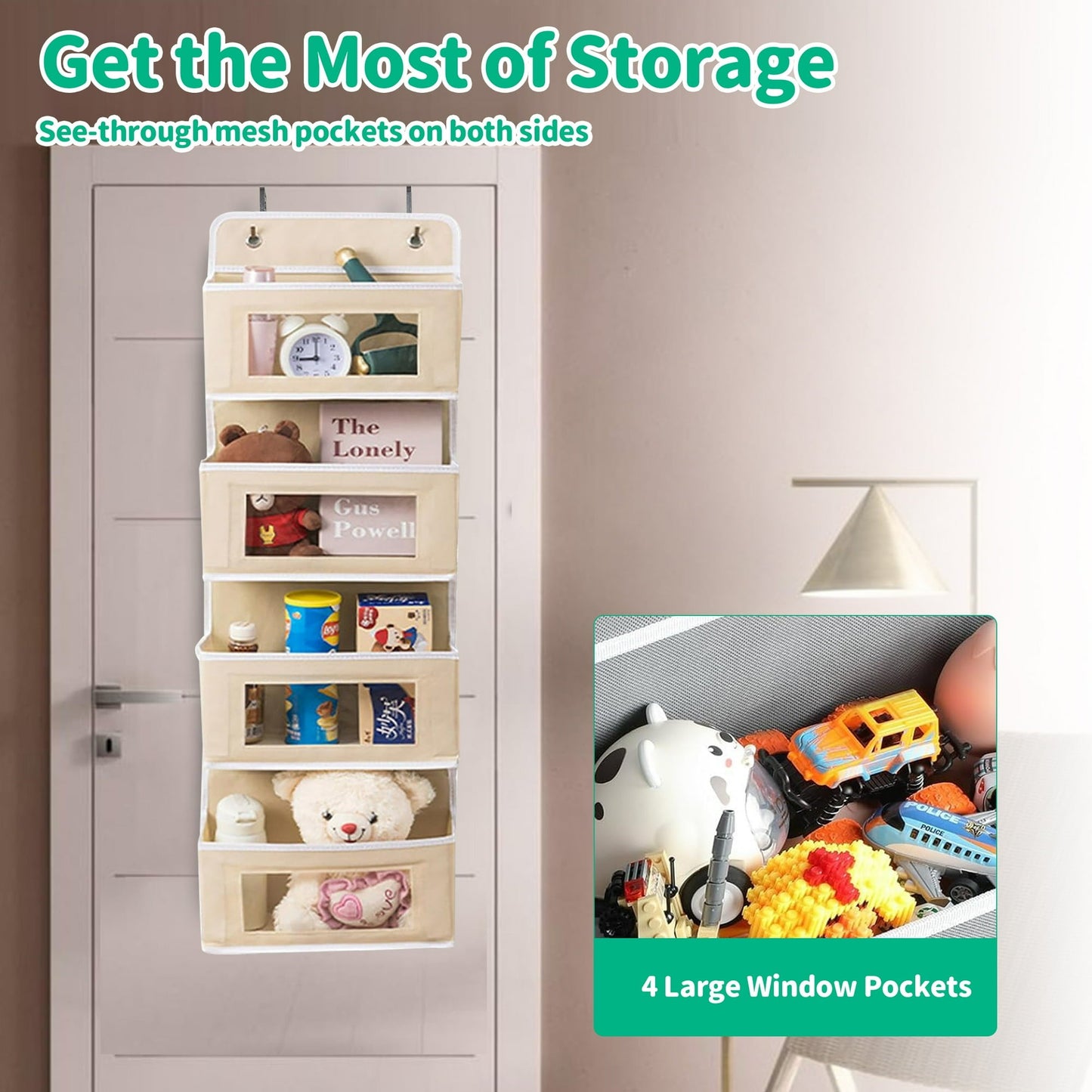 HioHa Over the Door Organizer, 4-Tier Hanging Closet Bathroom Storage with 6 Mesh Side Pockets, Wall Mount Toy Stuffed Animal Storage for Baby Essentials, Nursery, Bedroom, Bathroom, Dorm