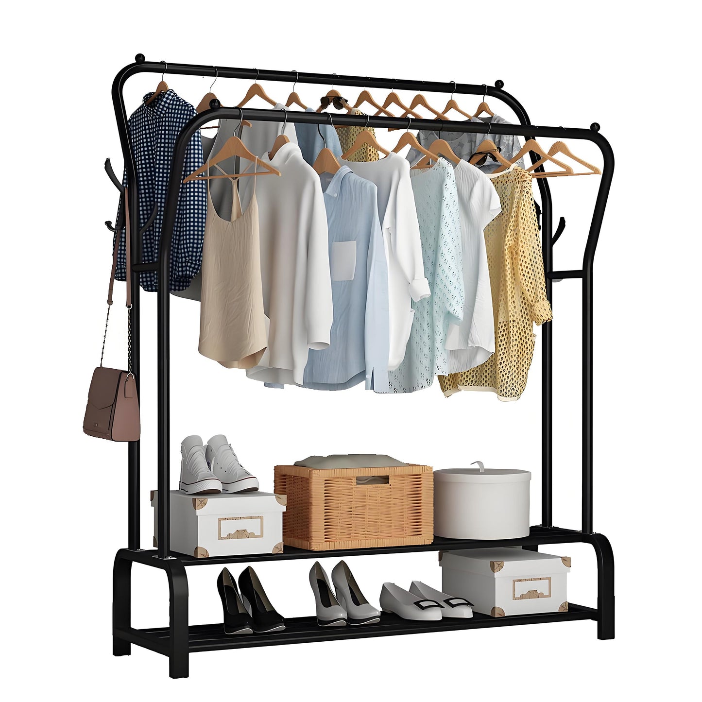 HioHa Clothes Rack, Double Rail Clothing Drying Rack with 2-Tier Shelf, Heavy Duty Garment Rack with Coat/Hat Hanging Hooks, Black