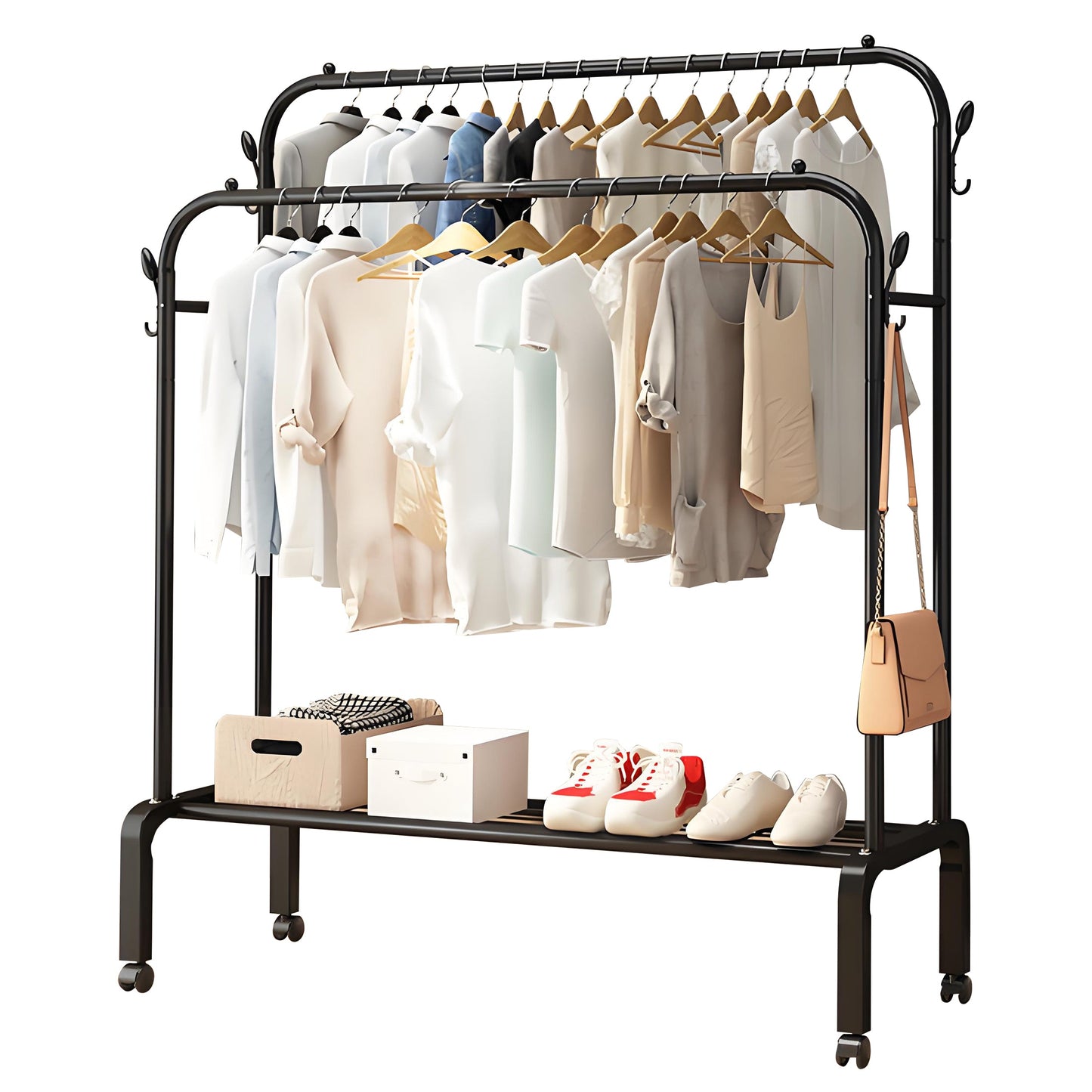 HioHa Rolling Clothes Rack, Double Rail Clothing Drying Rack with 2-Tier Shelf, Heavy Duty Garment Rack with Wheels, Black