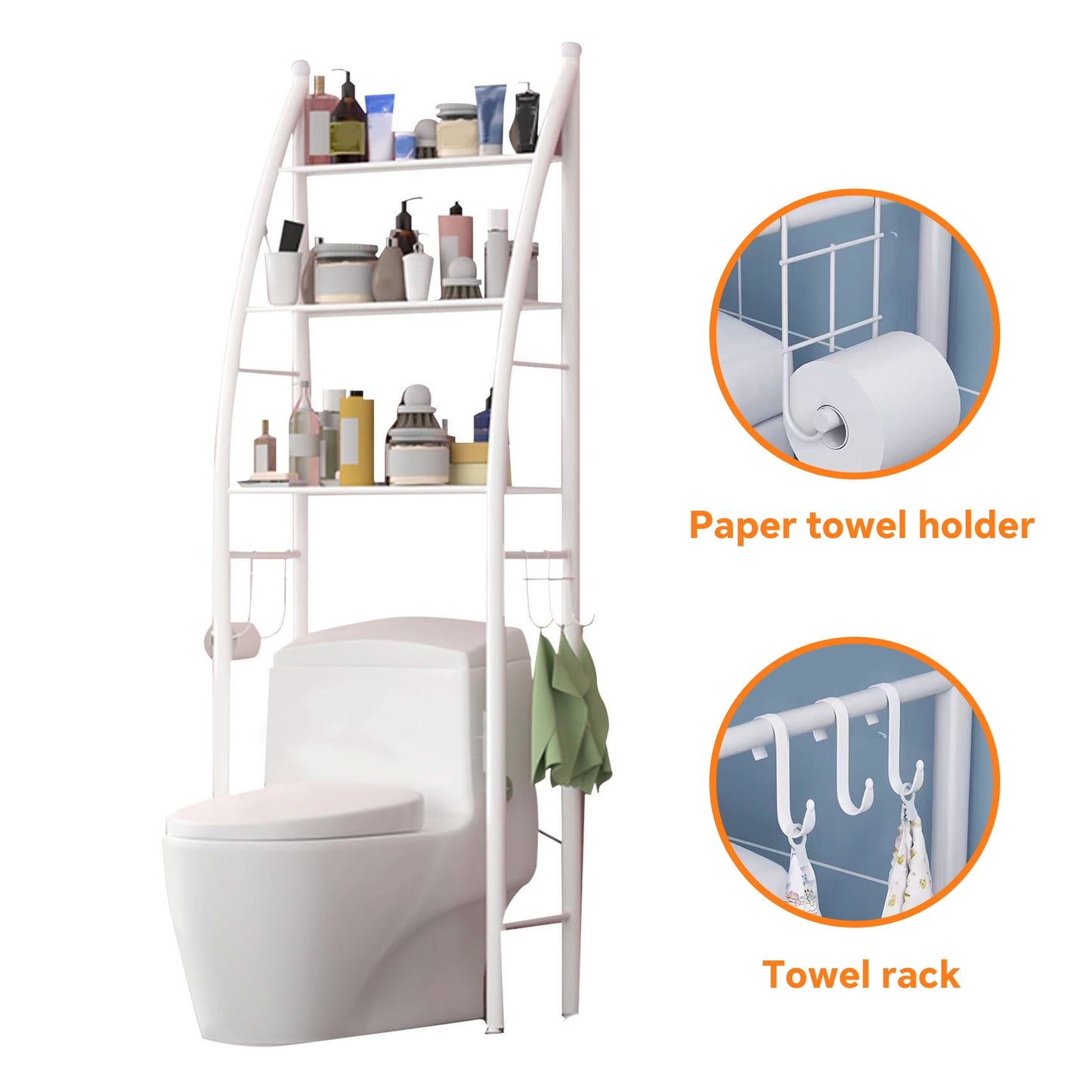 HioHa Over the Toilet Storage, Bathroom Organizer and Storage Shelf with Paper Holder and Hooks, New Over Toilet Storage Rack for Bathroom Laundry Room Balcony, 17.32"W White