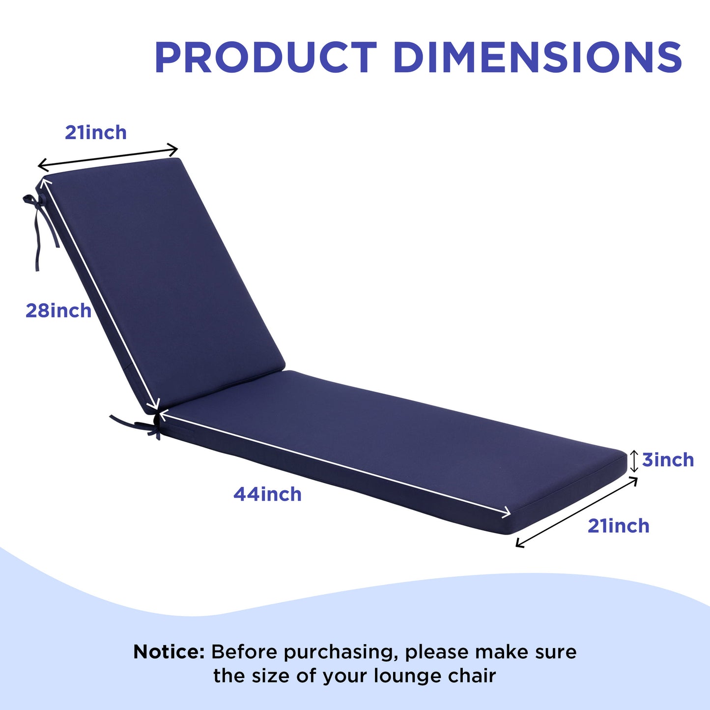 LCGOD Outdoor Chaise Lounge Cushions, 72x21x3 inch Patio Recliner Chair Cushion with Ties, High-Density Foam Chair Cushion for Outdoor Furniture, Dark Blue