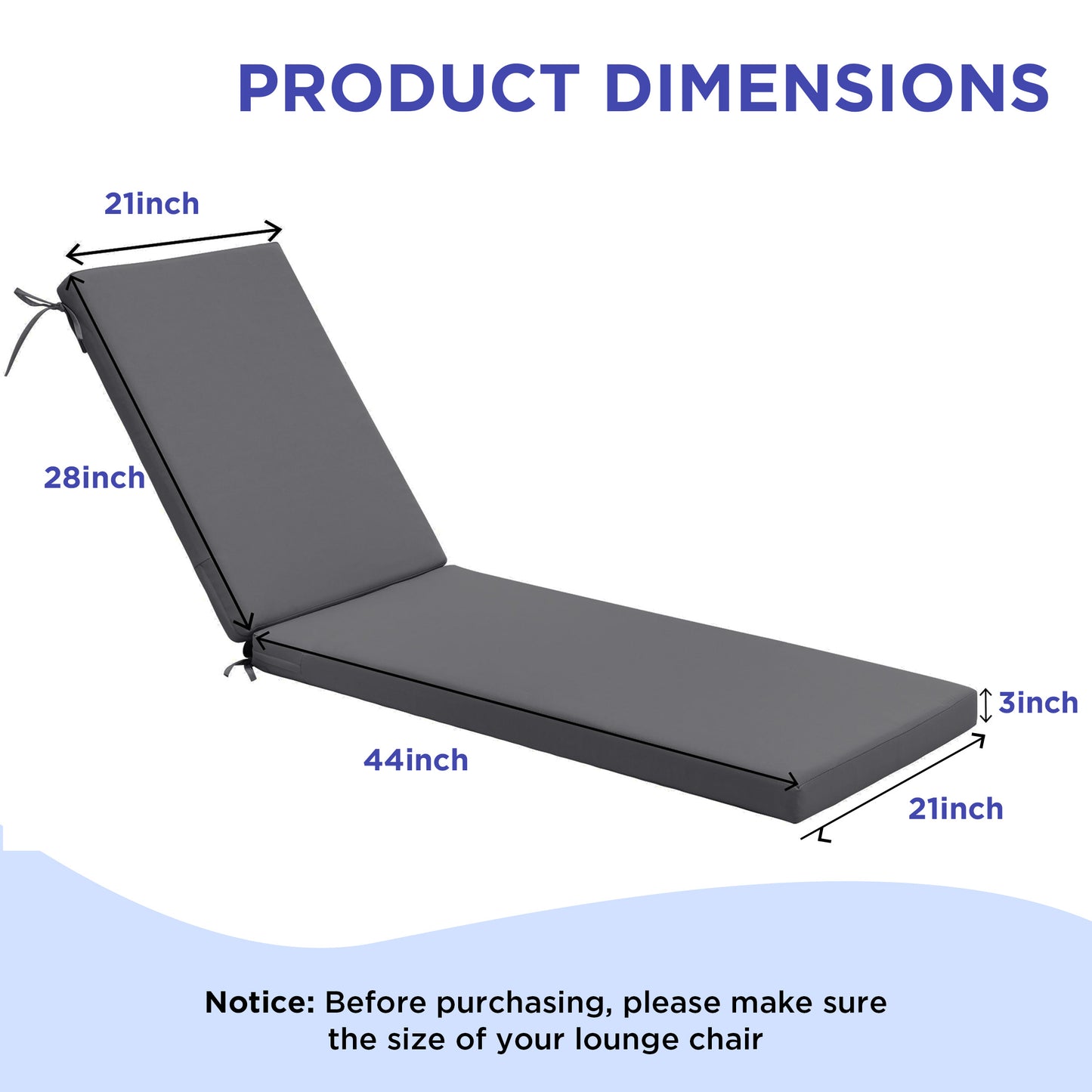 LCGOD Outdoor Chaise Lounge Cushions, 72x21x3 inch Patio Recliner Chair Cushion with Ties, High-Density Foam Chair Cushion for Outdoor Furniture, Dark Gray