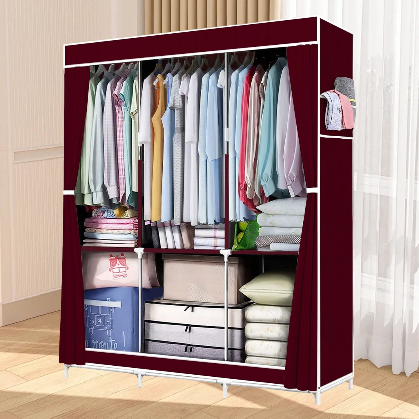 HioHa Wardrobe Closet, Portable Closet with Thickened Steel Pipe Steel Pipe, Clothes Storage Organizer with 3 Hanging Rods and 6 Storage Shelves and Side Pockets