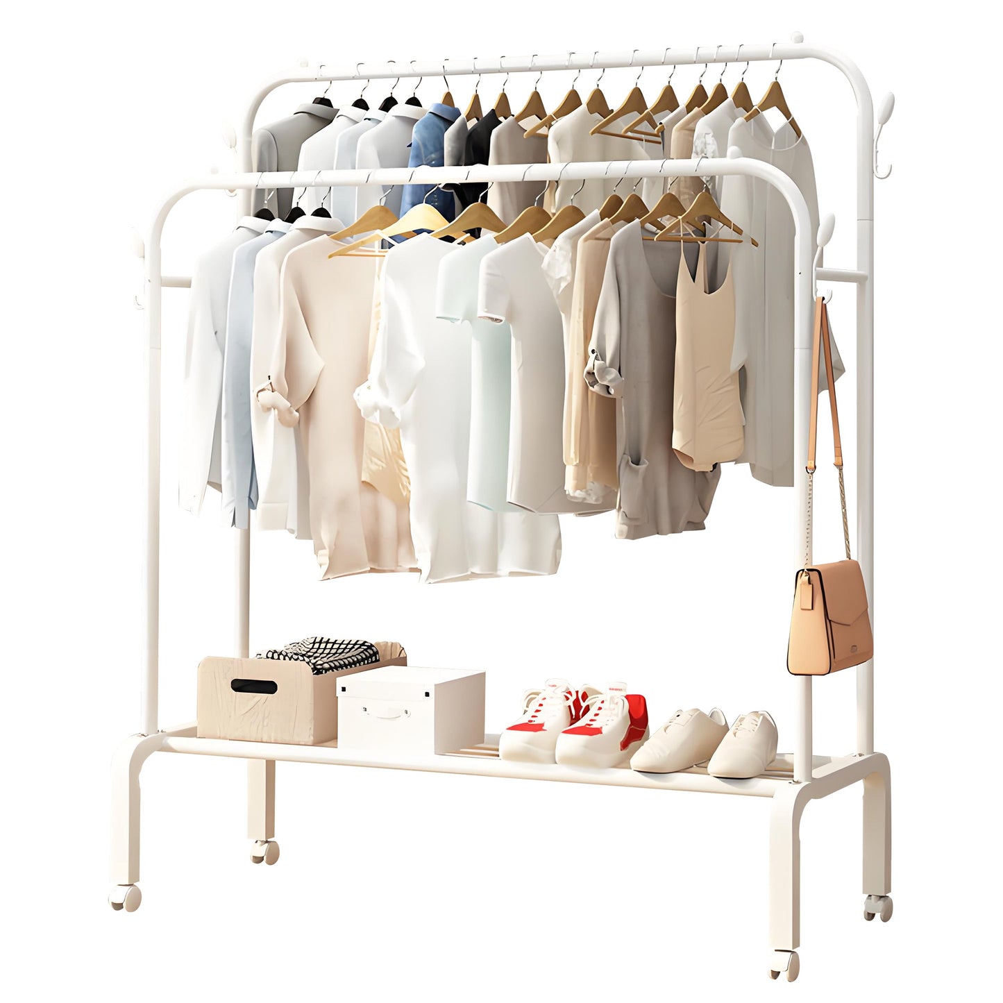 HioHa Rolling Clothes Rack, Double Rail Clothing Drying Rack with 2-Tier Shelf, Heavy Duty Garment Rack with Wheels, White