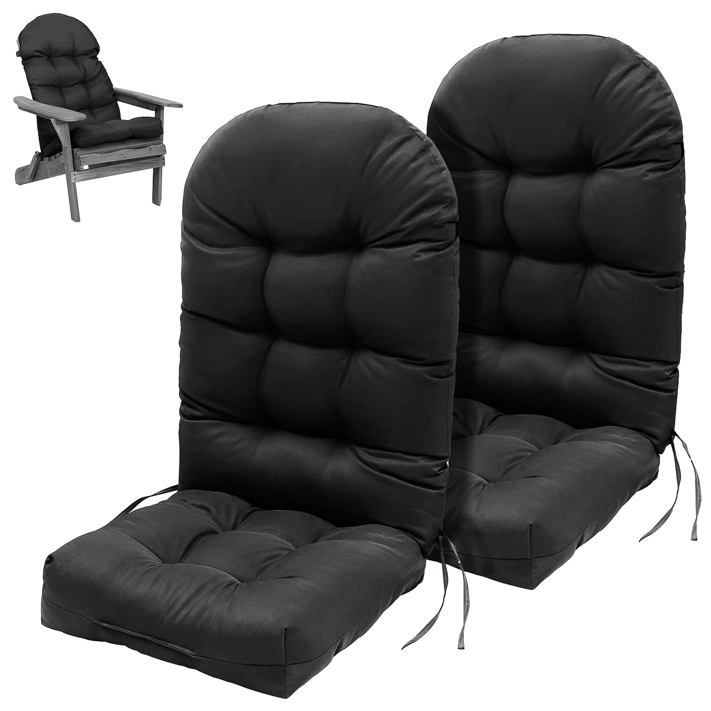 HioHa Adirondack Chair Cushion, Patio Chair Cushion with Ties 49x20x4.8 Inch, Indoor/Outdoor Rocking Chair Cushion with Sunproof Waterproof and Fade-Resistant(Black, 2pcs)