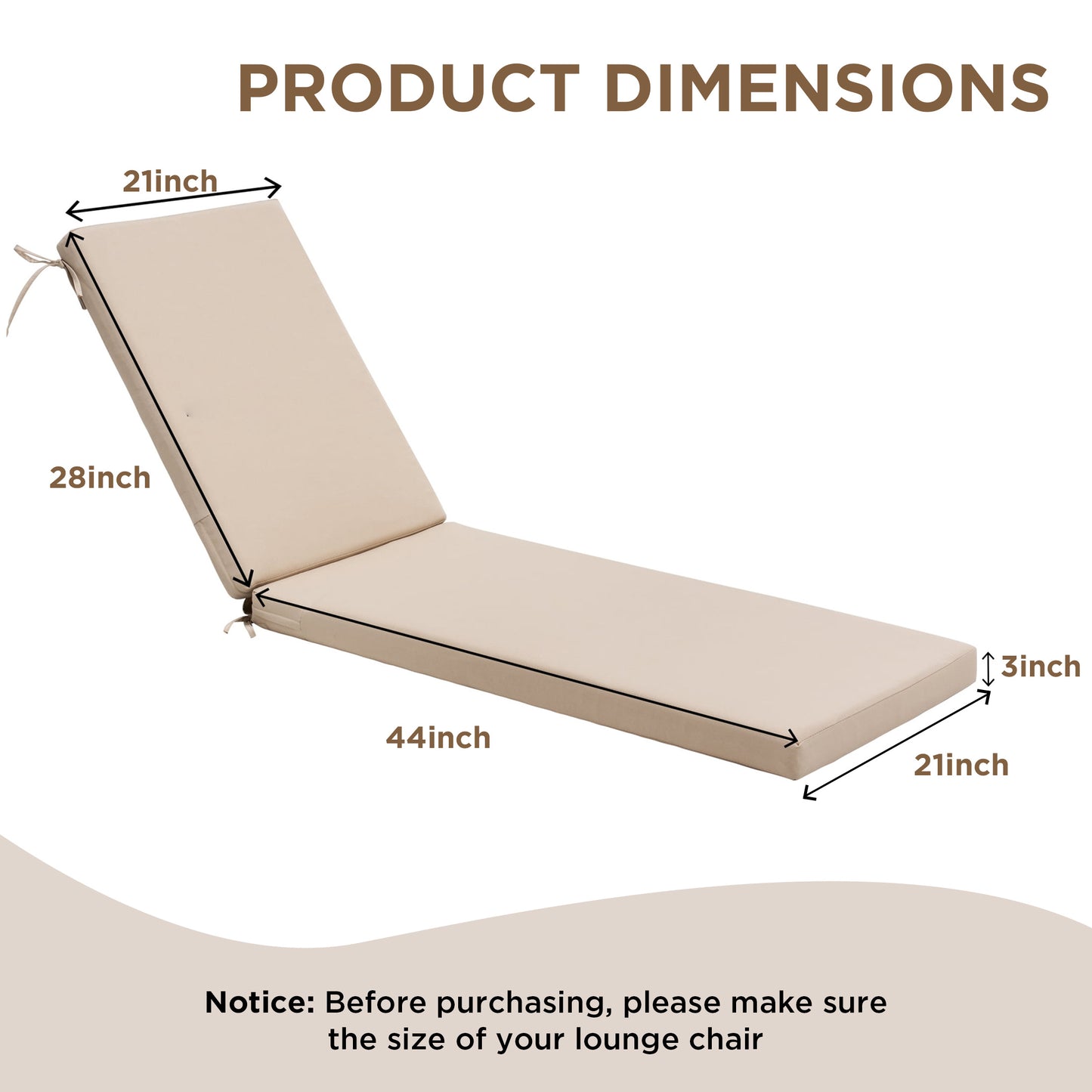 LCGOD Outdoor Chaise Lounge Cushions, 72x21x3 inch Patio Recliner Chair Cushion with Ties, High-Density Foam Chair Cushion for Outdoor Furniture, khaki