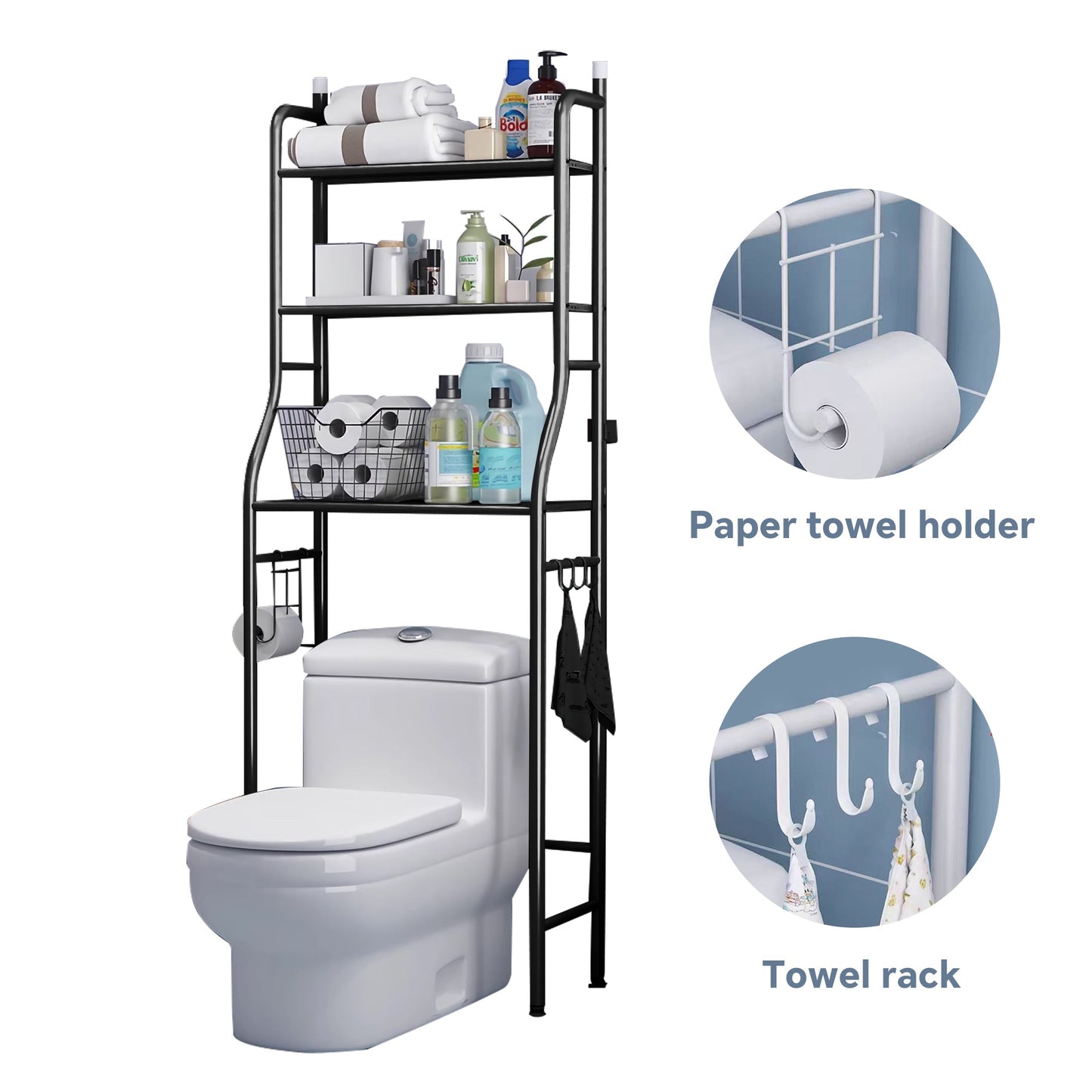 HioHa Over the Toilet Storage Rack, 3 Tier Bathroom Space Saver, Bathroom Corner Stand Storage Organizer Accessories Bathroom Towel Shelf 22"W Black
