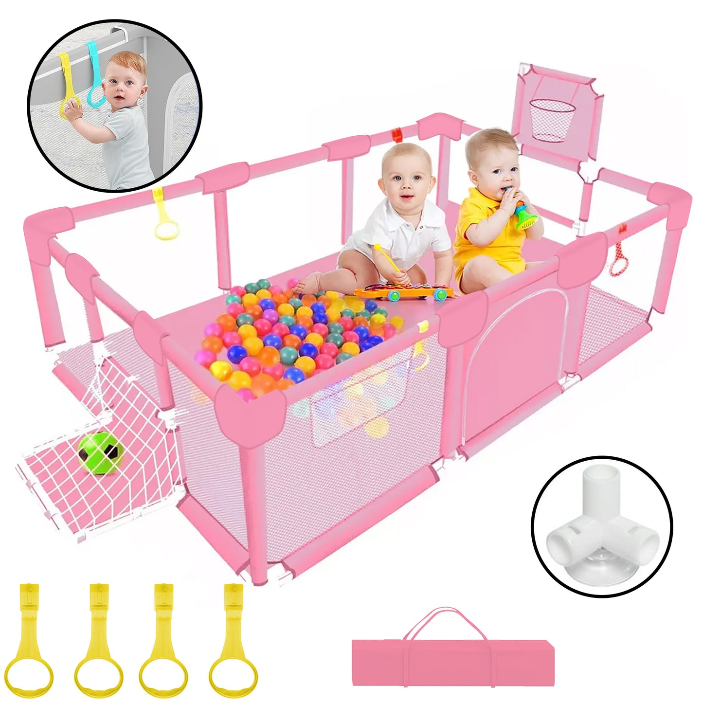 HioHa Large Baby Playpen, Big Baby Playard with Basketball Hoop, 71 inch Portable Play Yard Baby Fences with Storage Bag for Infant Toddler