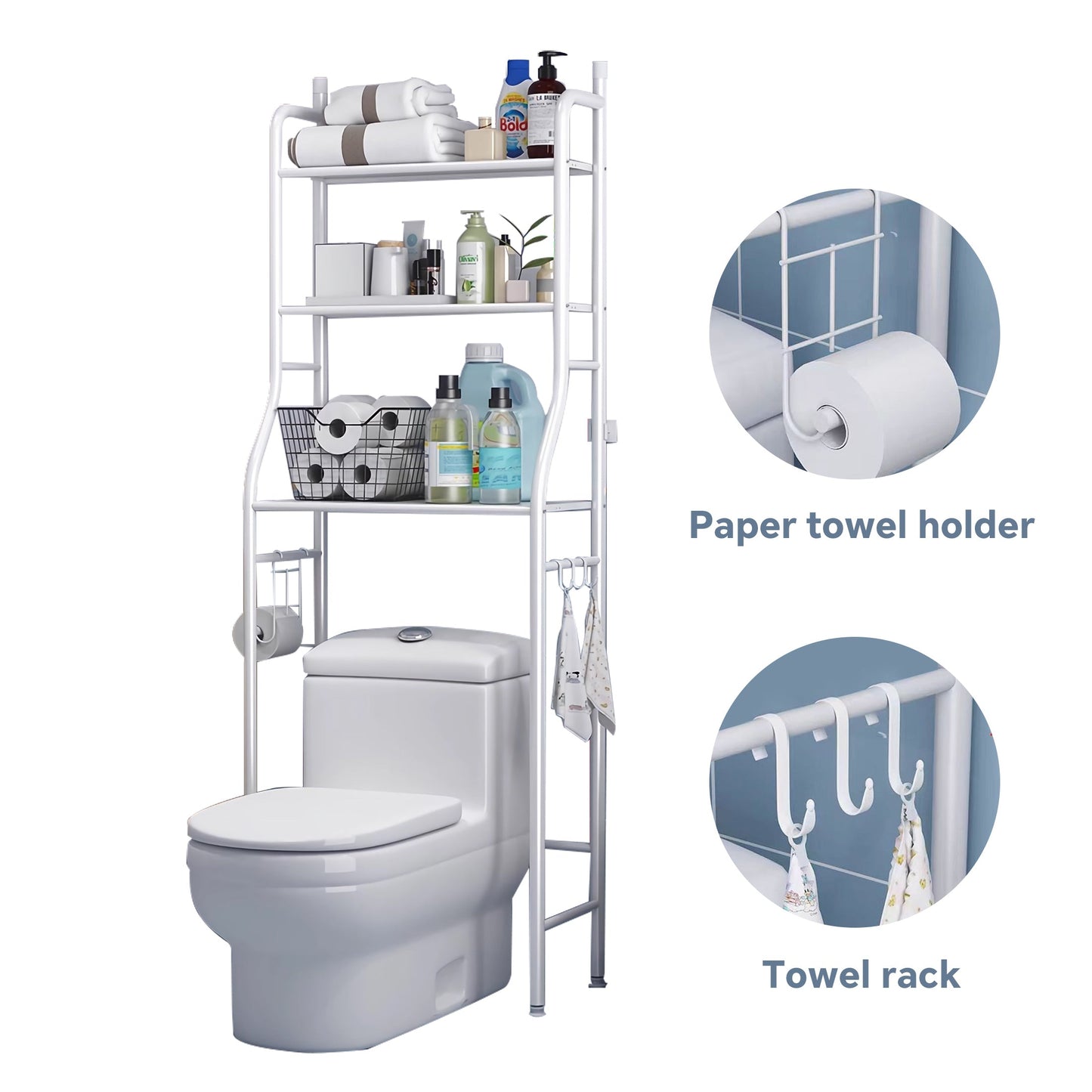 HioHa Over the Toilet Storage, Bathroom Organizers and Storage Shelf with Paper Holder and 3 Hooks, Freestanding Toilet Rack Space Saver for Balcony, Restroom, Laundry(White)