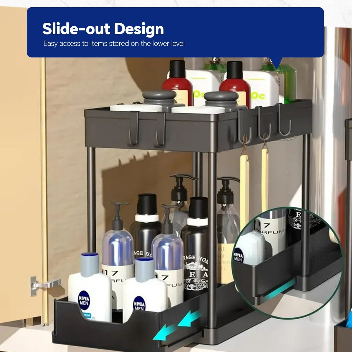 HioHa Under Sink Organizer, 2 Tier Under Sink Storage for Narrow Space, Pull Out Cabinet Organizer with 8 Hooks for Kitchen Bathroom, 2PCS