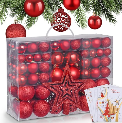 HioHa Christmas Ball Ornaments Set, Shatterproof Shiny Matte Glitter Balls with Tree Topper for Christmas Tree Holiday Decor, Red