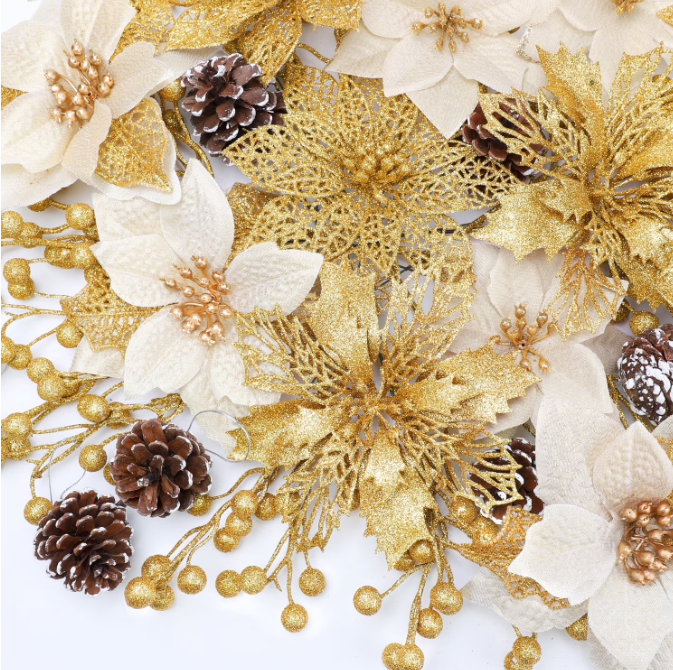 HioHa Christmas Flowers Decorations, Poinsettia with Glitter Leaves and Snowy Pine Cones, Holiday Picks for Home and Tree, Gold