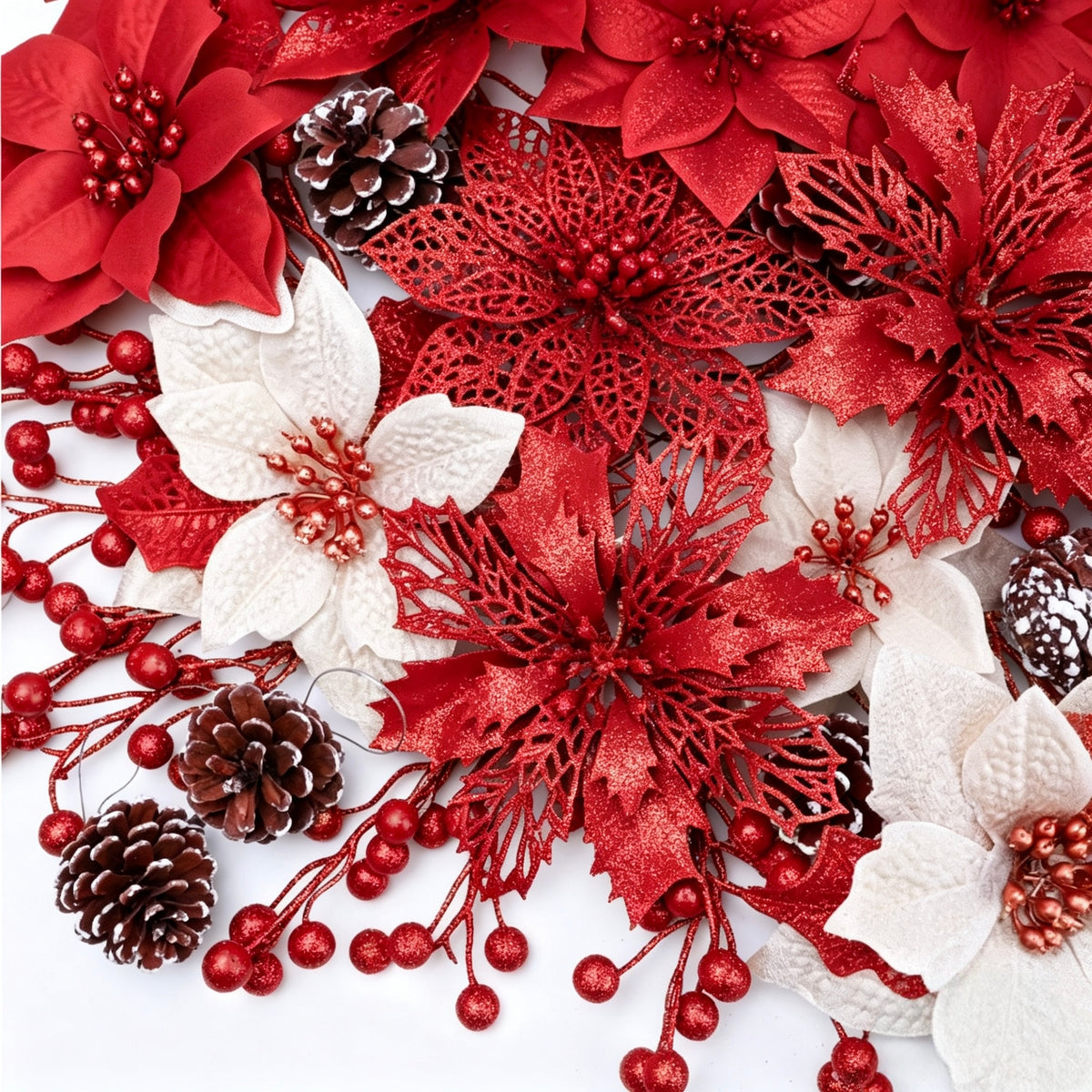 HioHa Christmas Flowers Decorations, Poinsettia with Glitter Leaves and Snowy Pine Cones, Holiday Picks for Home and Tree, Red