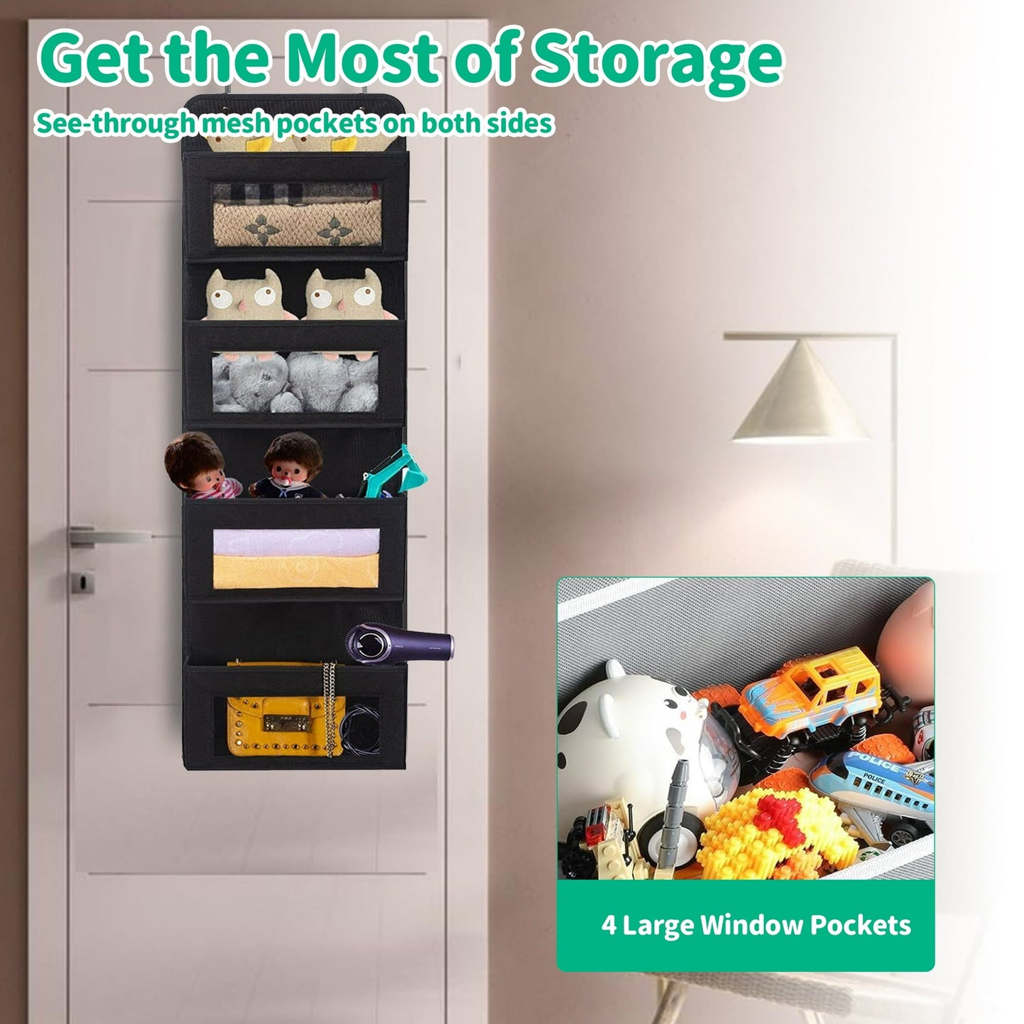 HioHa Over the Door Organizer, 4-Tier Hanging Closet Bathroom Storage with 6 Mesh Side Pockets, Wall Mount Toy Stuffed Animal Storage for Baby Essentials, Nursery, Bedroom, Bathroom, Dorm