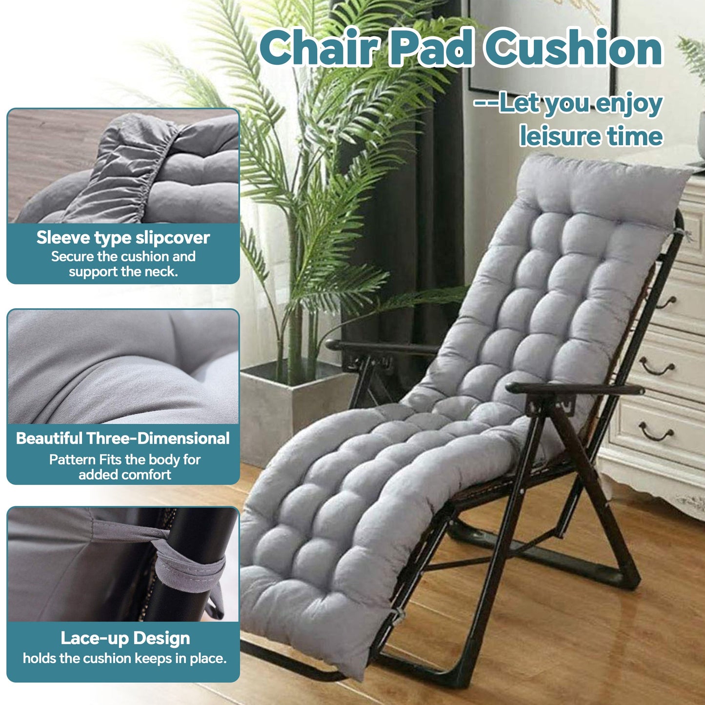 HioHa Chaise Lounge Cushion, 67x20x3 inch Rocking Chair Cushion with Ties and Top Cover, Patio Swing Bench Cushion Sofa Mat for Outdoor Indoor Furniture(Gray)