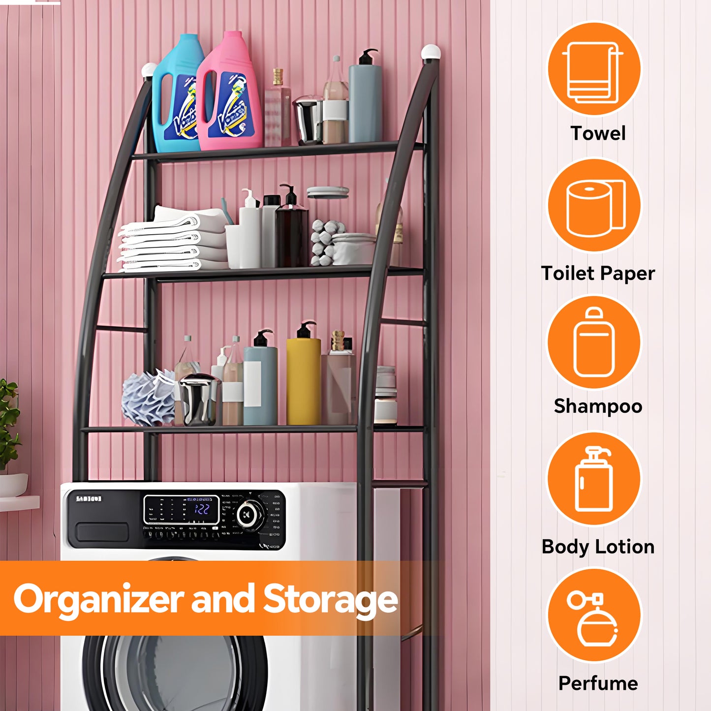 HioHa Over the Toilet Storage, Bathroom Organizer and Storage Shelf with Paper Holder and Hooks, New Over Toilet Storage Rack for Bathroom Laundry Room Balcony, 17.32"W Black
