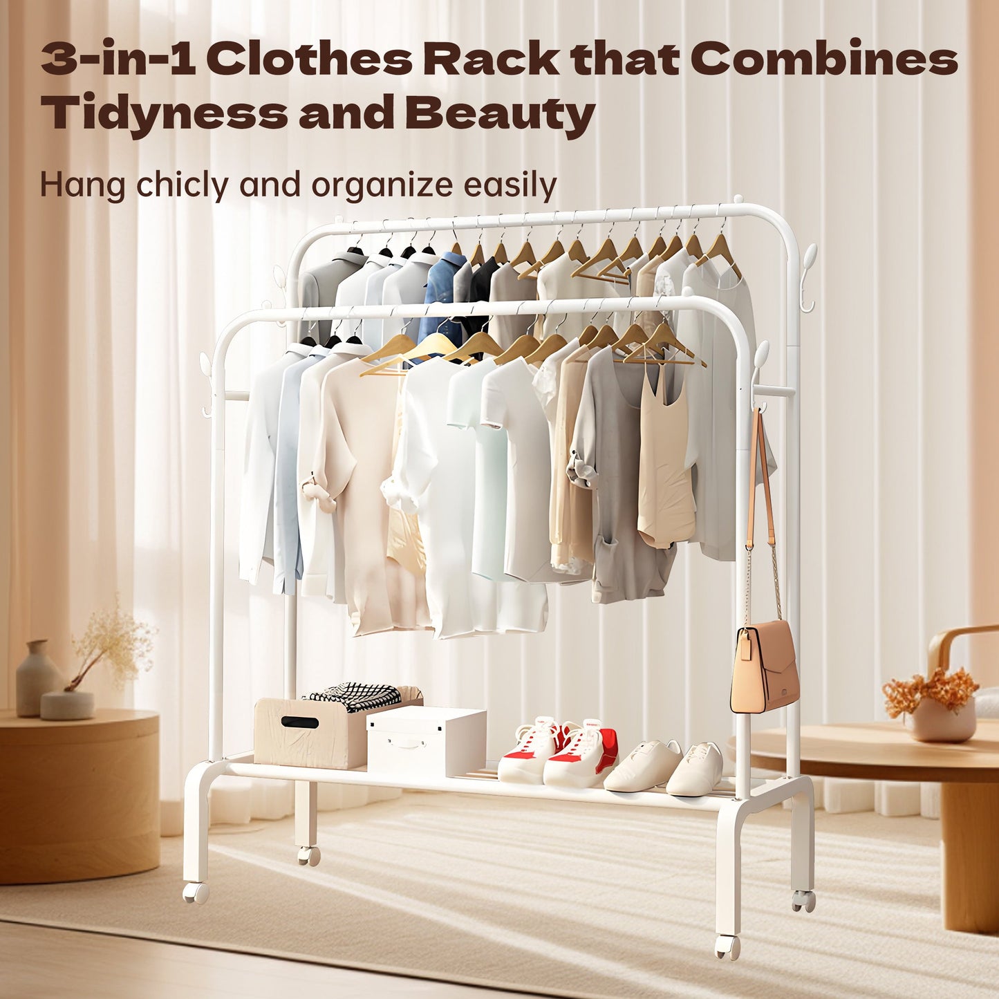 HioHa Rolling Clothes Rack, Double Rail Clothing Drying Rack with 2-Tier Shelf, Heavy Duty Garment Rack with Wheels, White