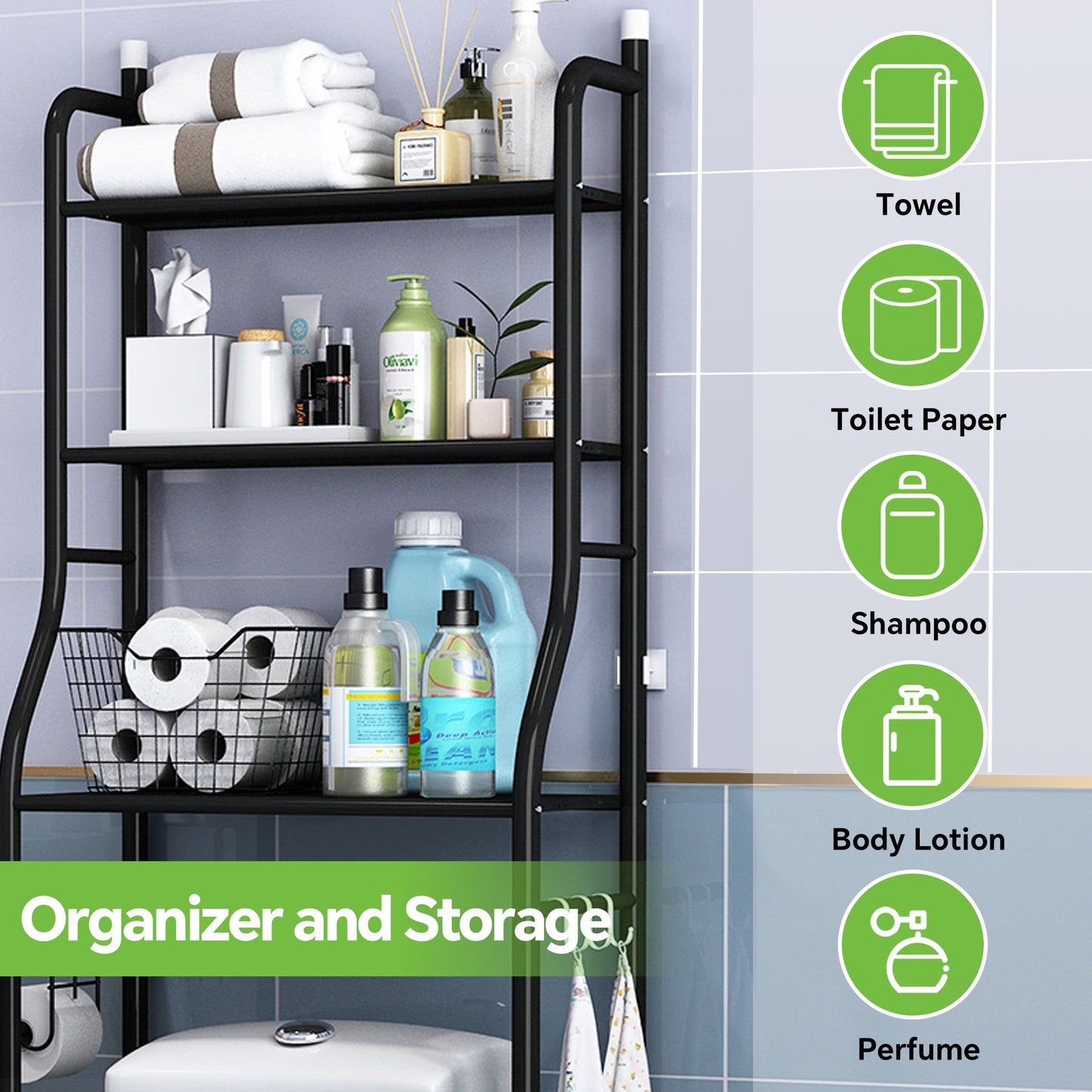 HioHa Over the Toilet Storage Rack, 3 Tier Bathroom Space Saver, Bathroom Corner Stand Storage Organizer Accessories Bathroom Towel Shelf 22"W Black