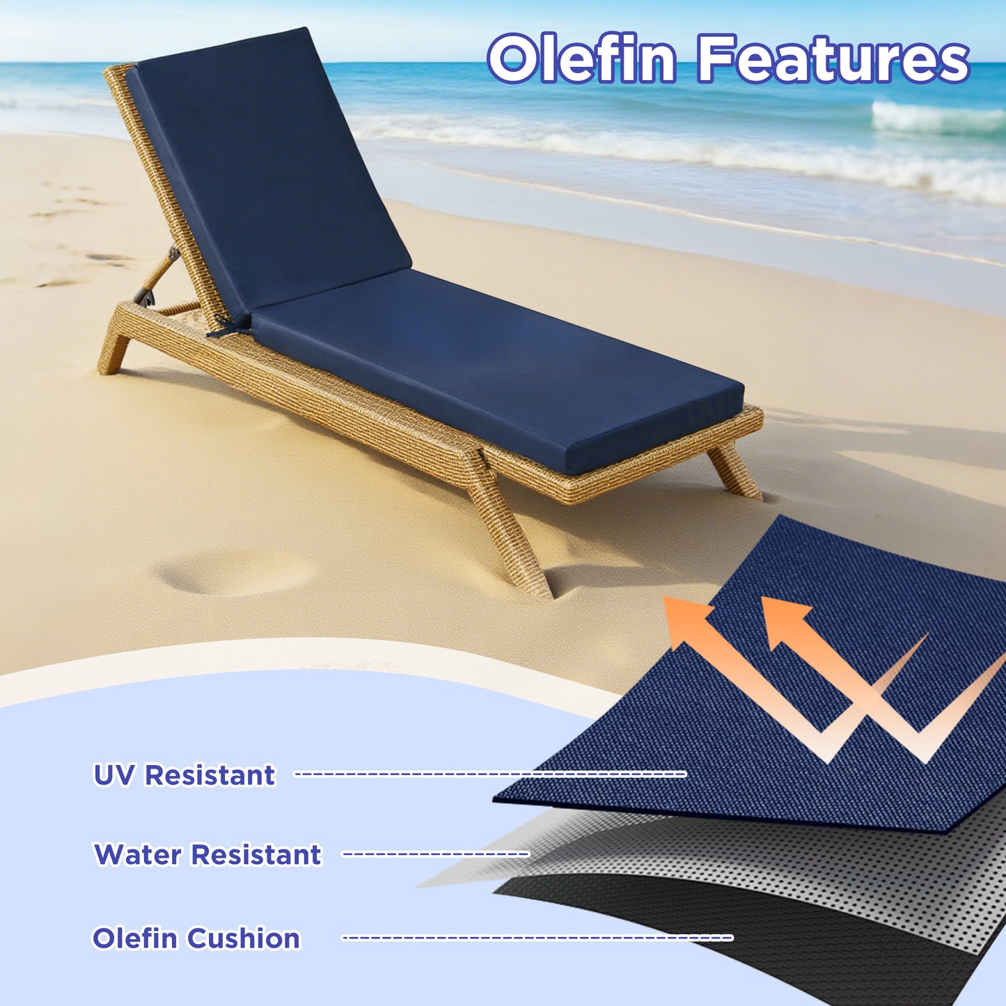 LCGOD Outdoor Chaise Lounge Cushions, 72x21x3 inch Patio Recliner Chair Cushion with Ties, High-Density Foam Chair Cushion for Outdoor Furniture, Dark Blue