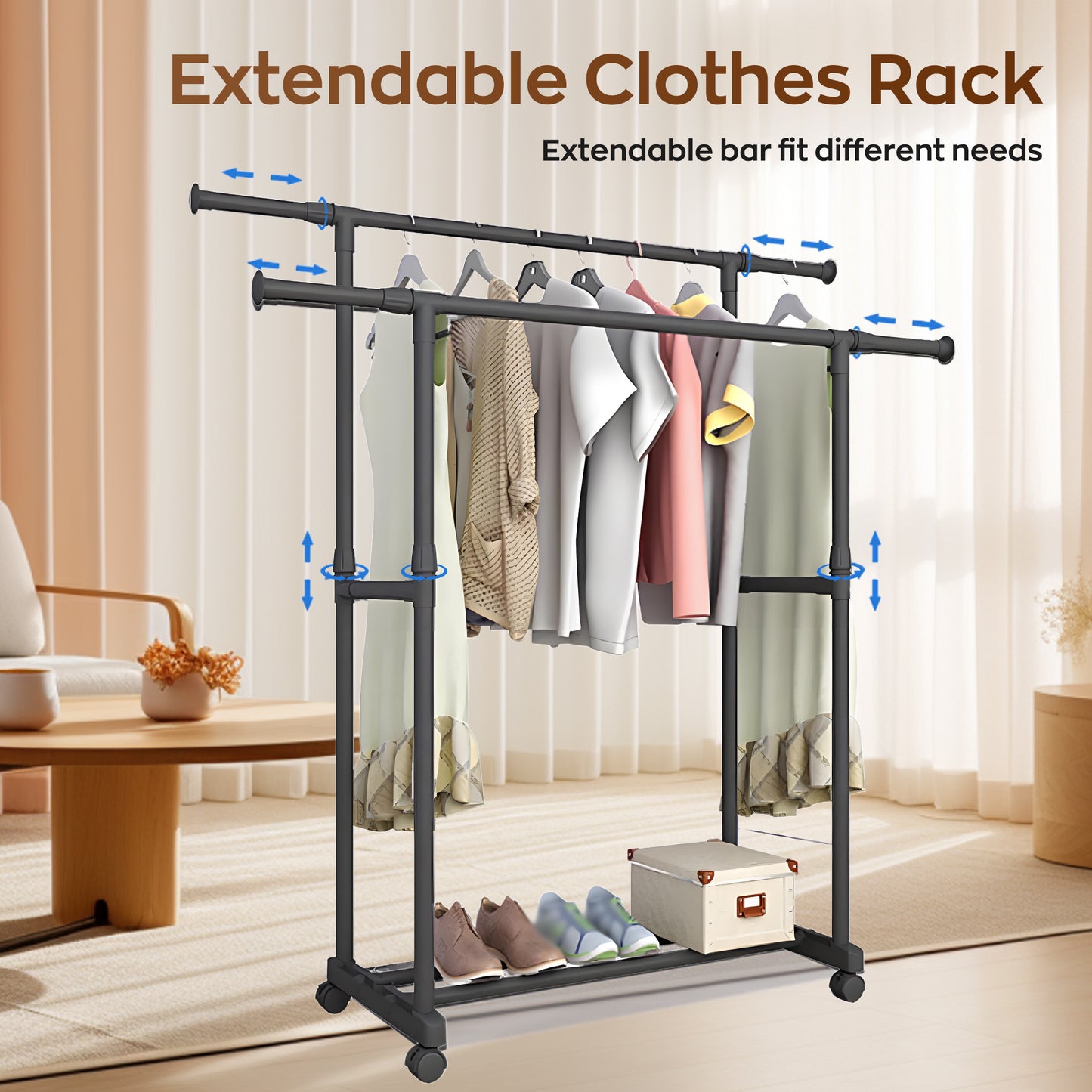 HioHa Clothes Rack, Heavy Duty Clothing Racks or Hanging Racks with Shelf, Adjustable Garment Rack with Wheels 35-61Wx16Dx35-61H Inches for Bedroom Laundry Living Room