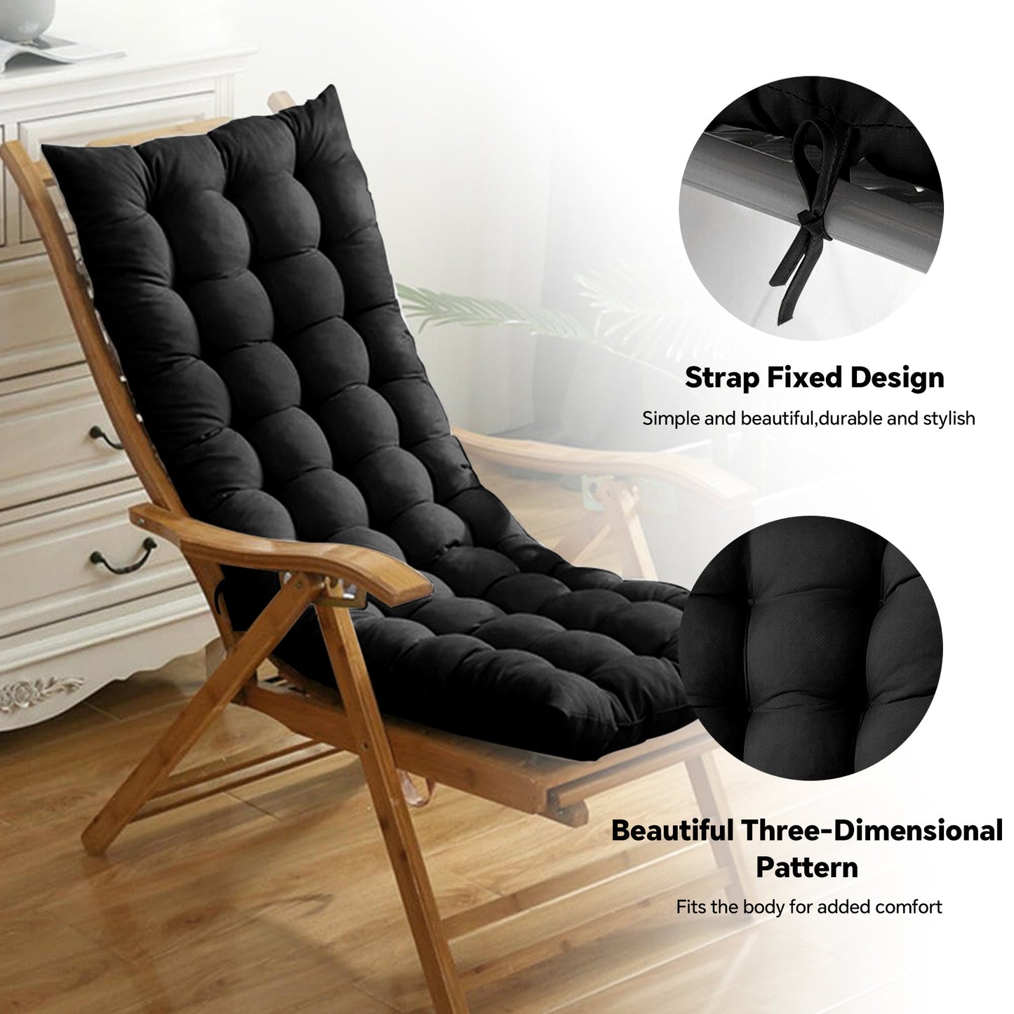 HioHa Rocking Chair Cushion, 49x19x3 inch Lounge Chaise Chair Cushion with Ties, Thickened Recliner Cushion Double-Sided Foldable(Black)