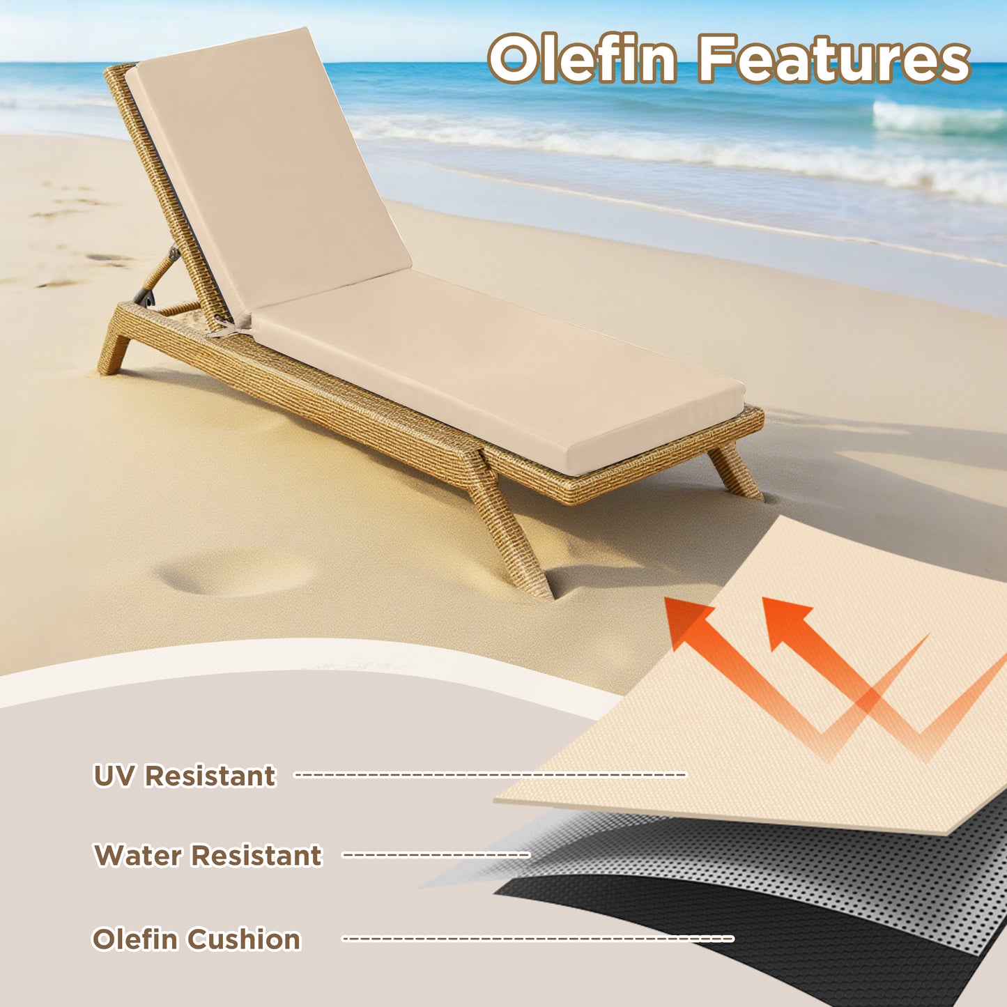 LCGOD Outdoor Chaise Lounge Cushions, 72x21x3 inch Patio Recliner Chair Cushion with Ties, High-Density Foam Chair Cushion for Outdoor Furniture, khaki