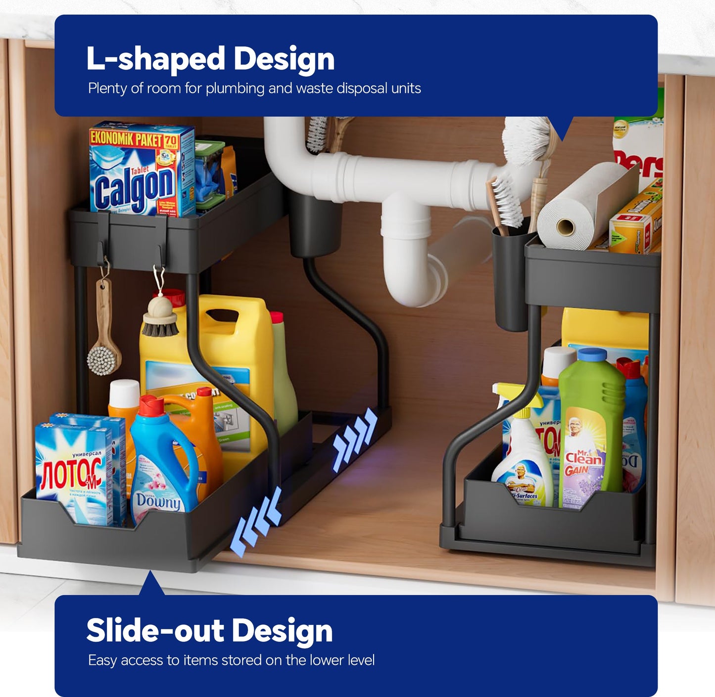 HioHa Under Sink Organizer, L-Shaped Pull Out Cabinet Organizer for Narrow Space, 2 Tier Drawer Organization and Storage Shelves for Kitchen Bathroom, 2PCS