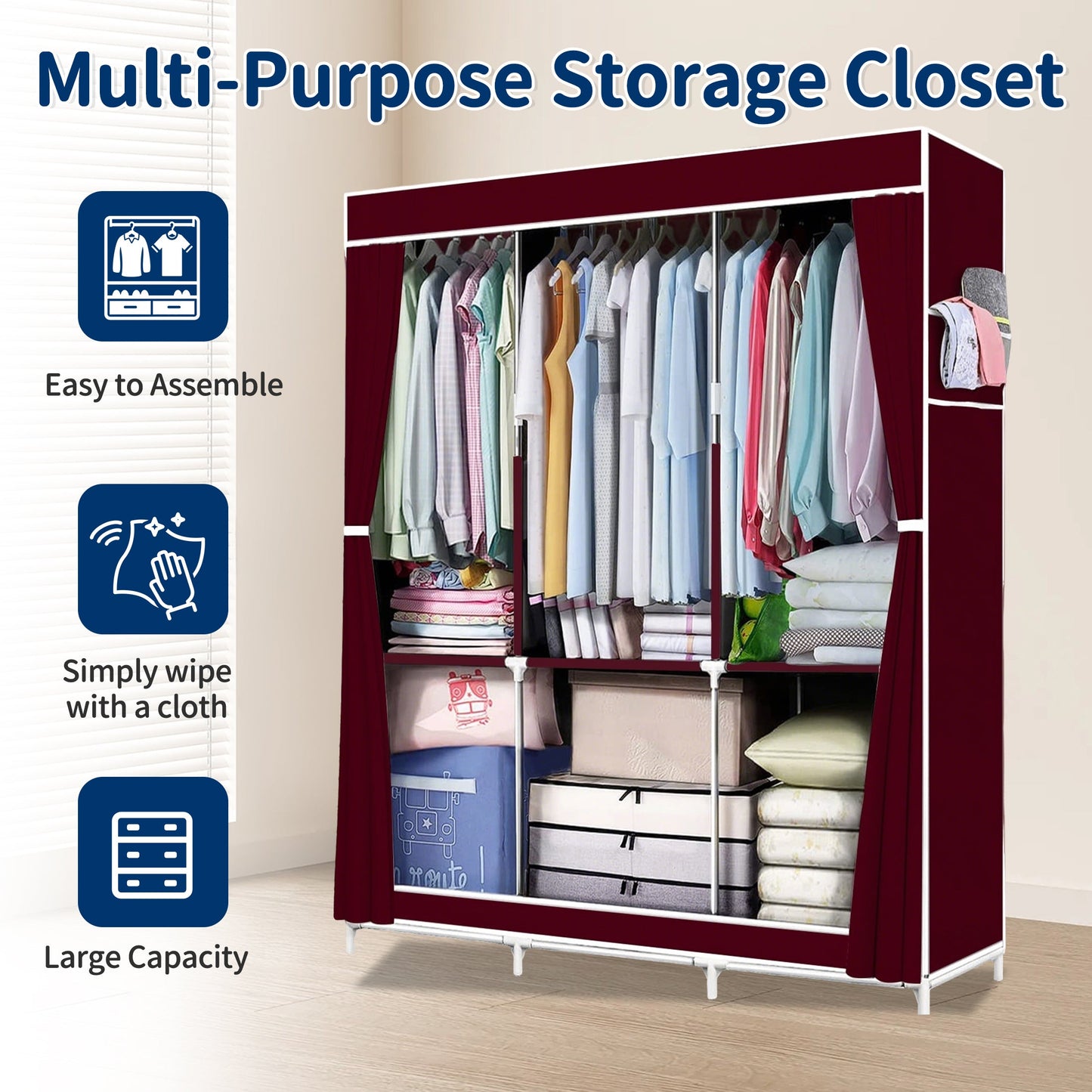 HioHa Wardrobe Closet, Portable Closet with Thickened Steel Pipe Steel Pipe, Clothes Storage Organizer with 3 Hanging Rods and 6 Storage Shelves and Side Pockets