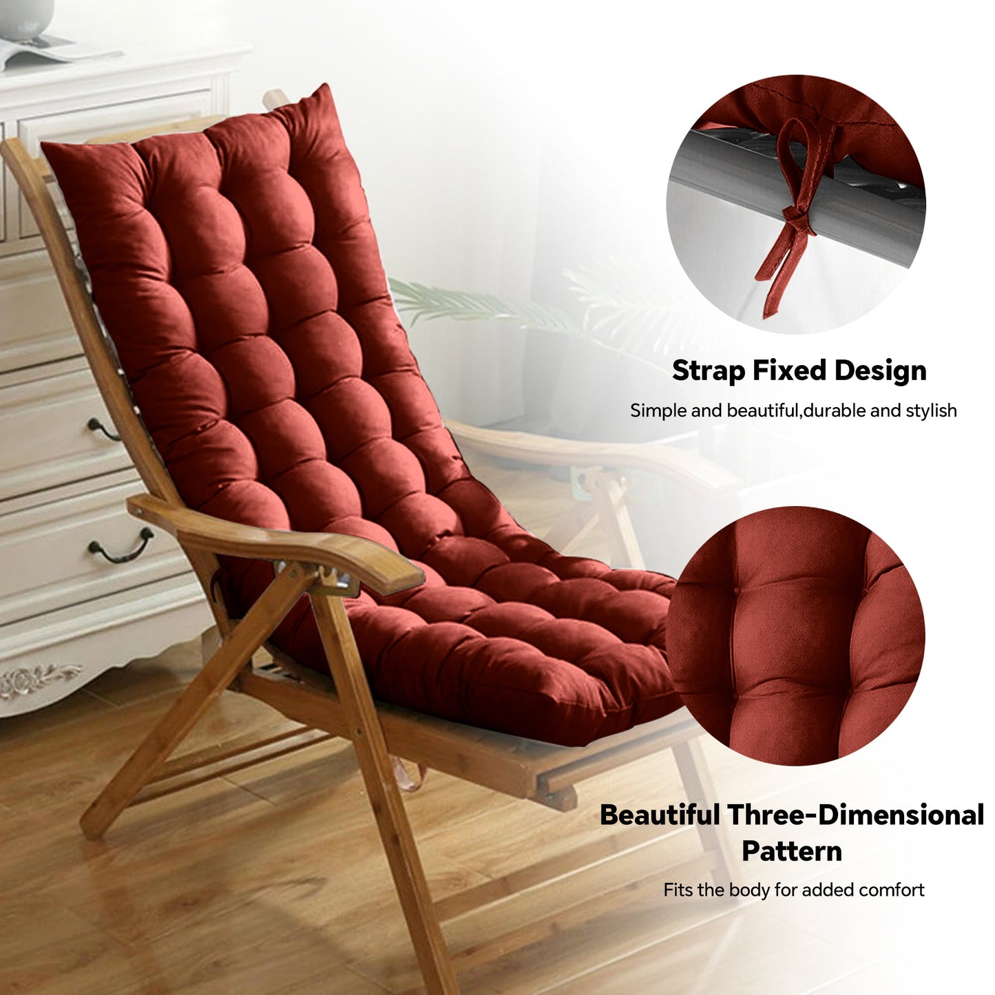 HioHa Rocking Chair Cushion, 49x19x3 inch Lounge Chaise Chair Cushion with Ties, Thickened Recliner Cushion Double-Sided Foldable(Reddish Brown)