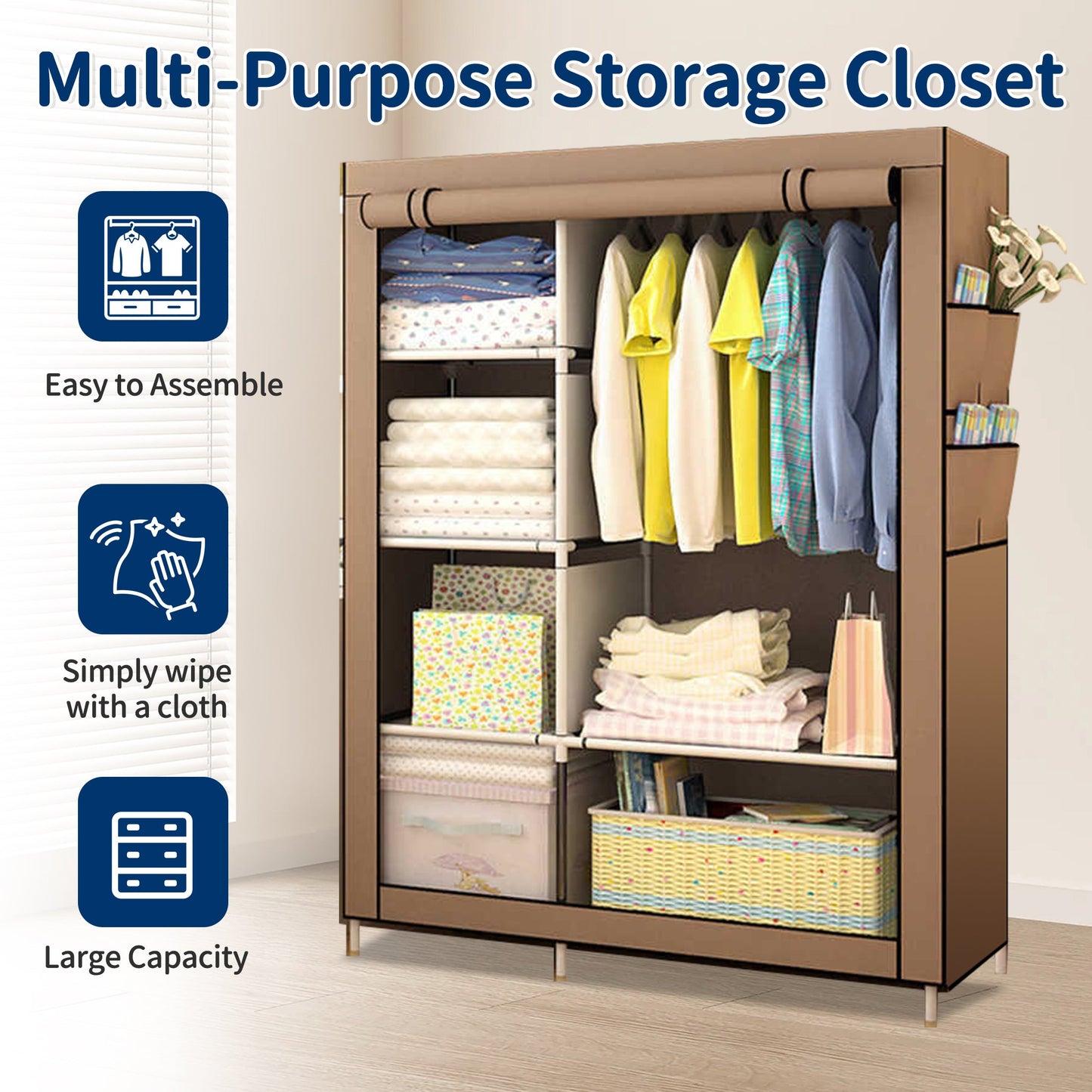 HioHa Portable Closet, Wardrobe Closet Storage with Thickened Steel Pipe, Clothes Storage Organizer with Waterproof Cover for Bedroom, 67x41x18 Inch(Coffee)