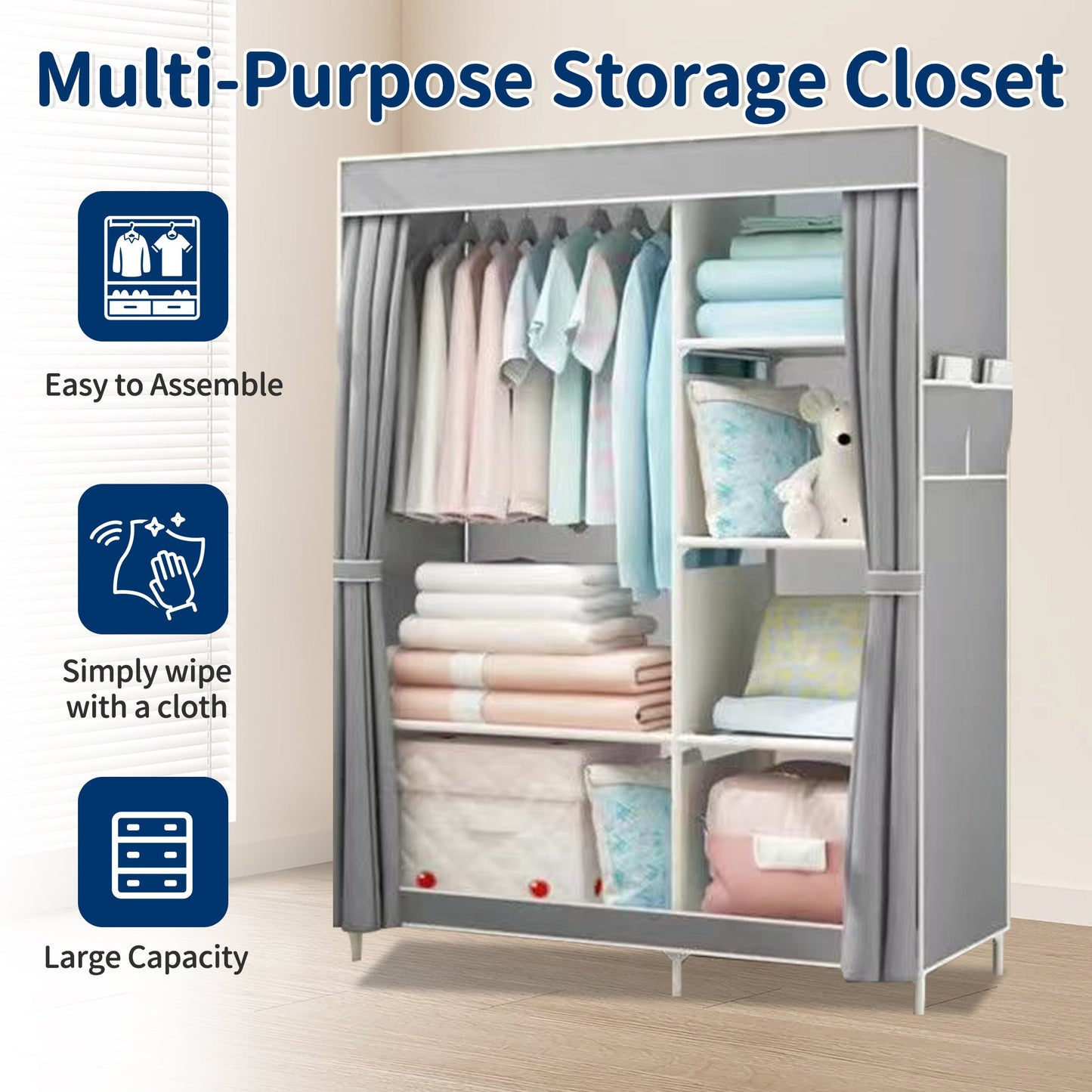 HioHa Portable Closet Storage Organizer Clothes Wardrobe Shoe Clothing Rack Shelf Dustproof Non-woven Fabric,Quick and Easy to Assemble 42inch