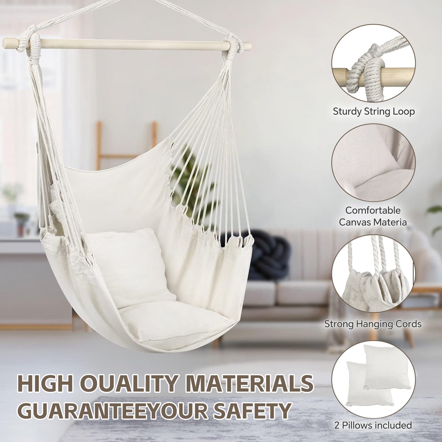 HioHa Hammock Chair, Hanging Rope Swing Max 264 lbs with Anti-Slip Grooves, Hanging Chair Relax Cotton Weave with 2 Cushions, for Indoor/Outdoor Home Yard Garden(White)
