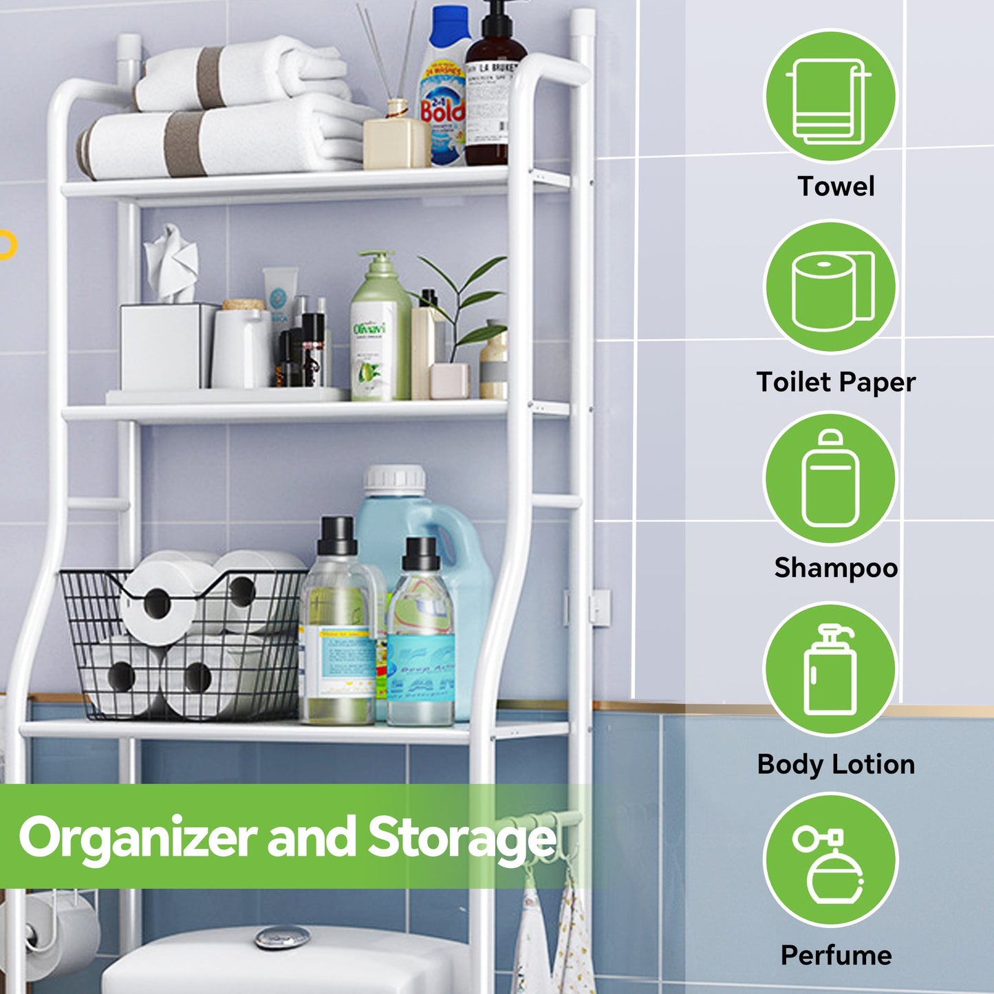 HioHa Over the Toilet Storage, Bathroom Organizers and Storage Shelf with Paper Holder and 3 Hooks, Freestanding Toilet Rack Space Saver for Balcony, Restroom, Laundry(White)