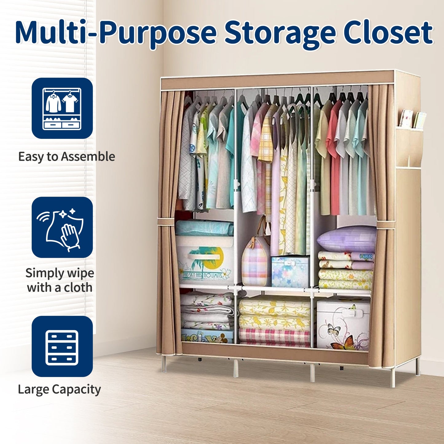 HioHa Wardrobe Closet, Portable Closet with Thickened Steel Pipe Steel Pipe, Clothes Storage Organizer with 3 Hanging Rods and 6 Storage Shelves and Side Pockets(Coffee)