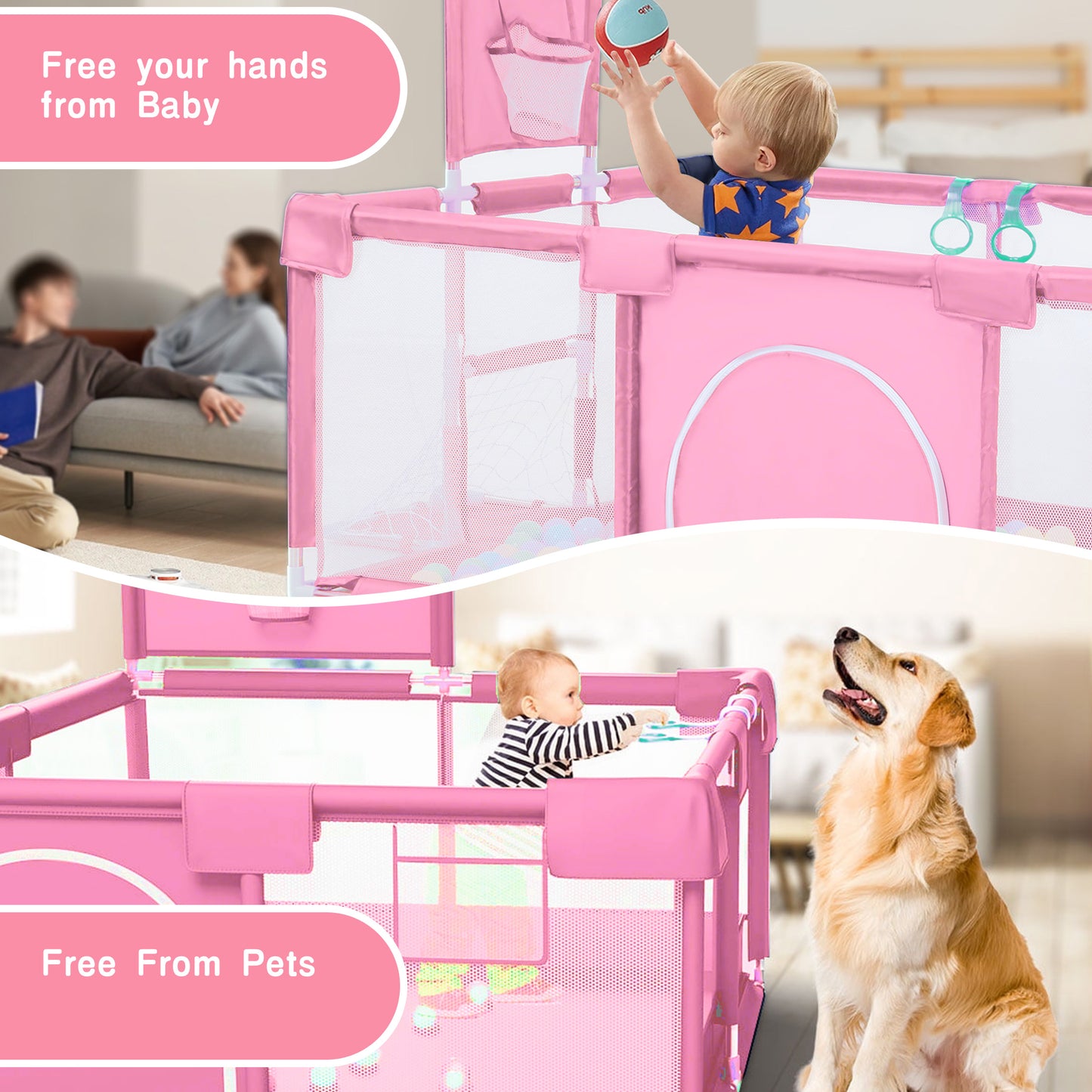 HioHa Large Baby Playpen, Big Baby Playard with Basketball Hoop, 71 inch Portable Play Yard Baby Fences with Storage Bag for Infant Toddler