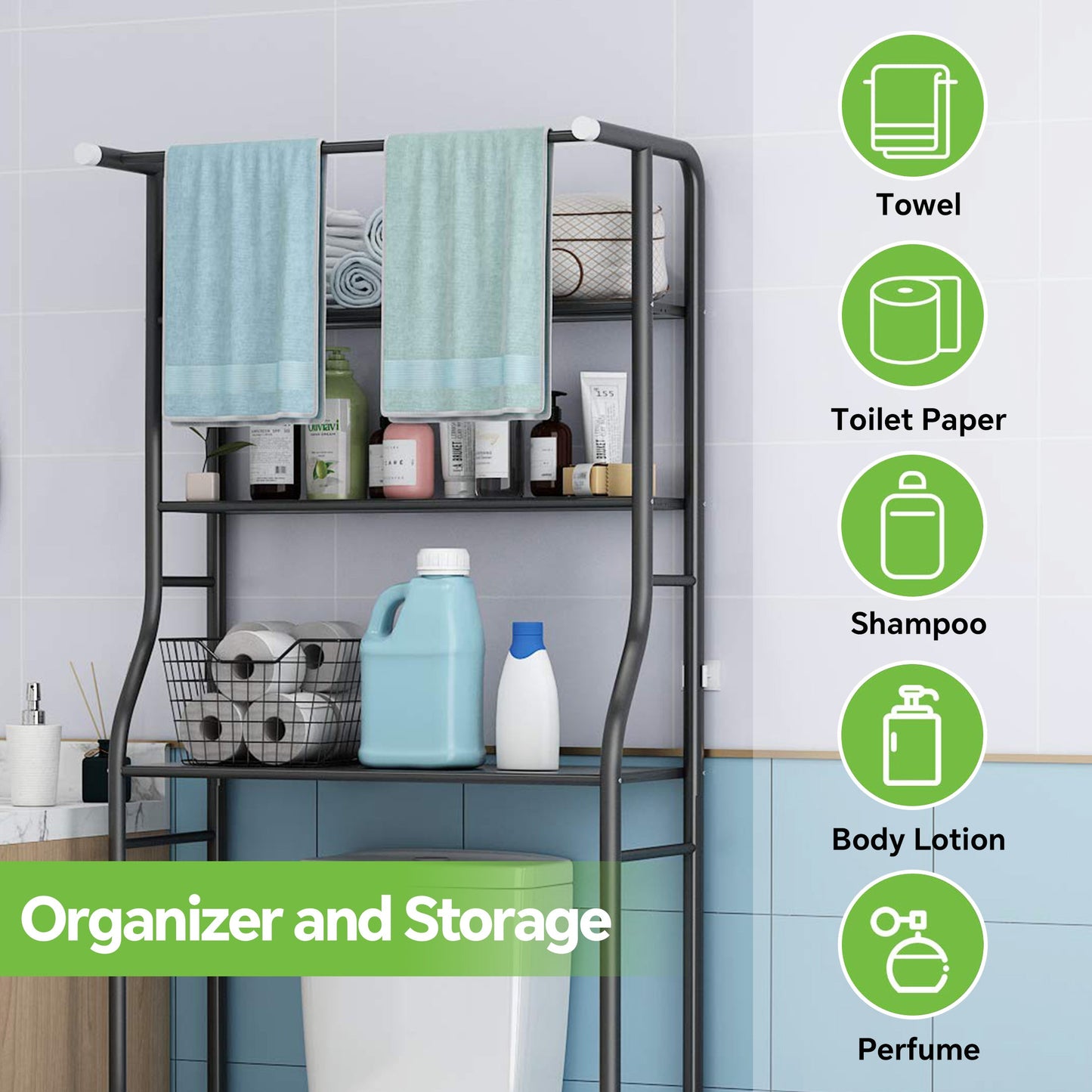 HioHa Over the Toilet Storage, Bathroom Organizers and Storage Shelf with Hanging Rod Paper Holder and 3 Hooks, Freestanding Toilet Rack Space Saver, Black