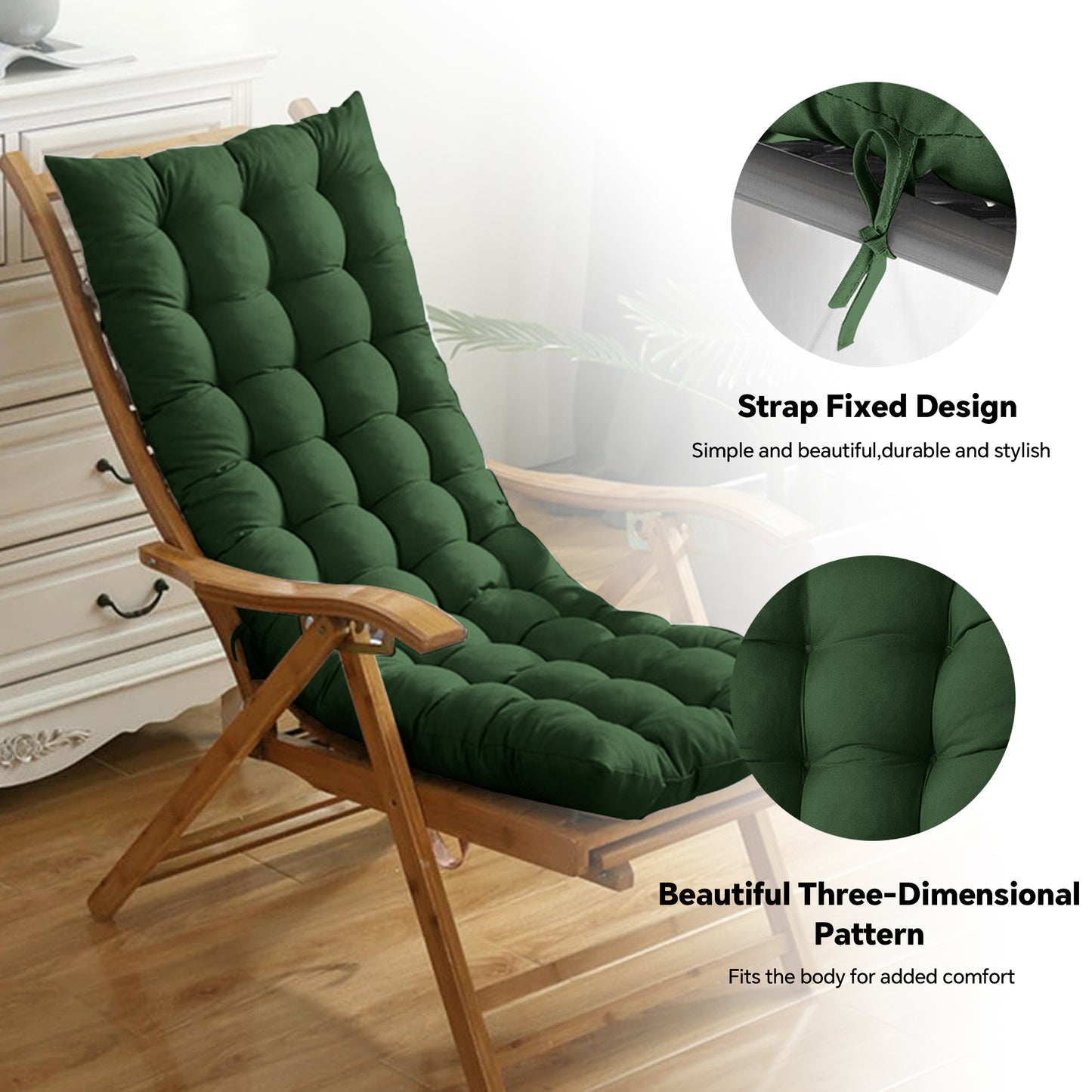 HioHa Rocking Chair Cushion, 49x19x3 inch Lounge Chaise Chair Cushion with Ties, Thickened Recliner Cushion Double-Sided Foldable(Deep Green)