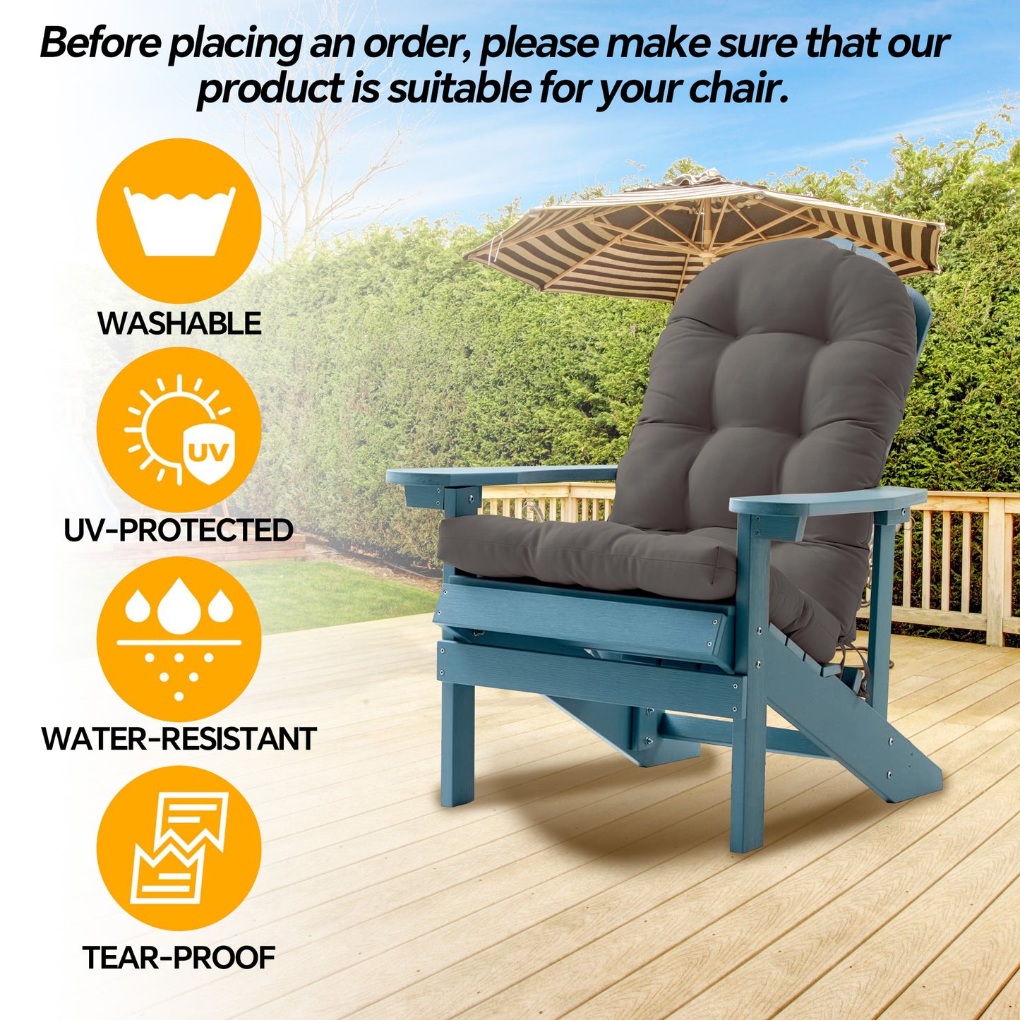 HioHa Adirondack Chair Cushion, 49x20x4.7 inch Patio Chair Cushion with Ties, Indoor/Outdoor Rocking Chair Cushion with Sunproof Waterproof and Fade-Resistant(Gray, 2pc)