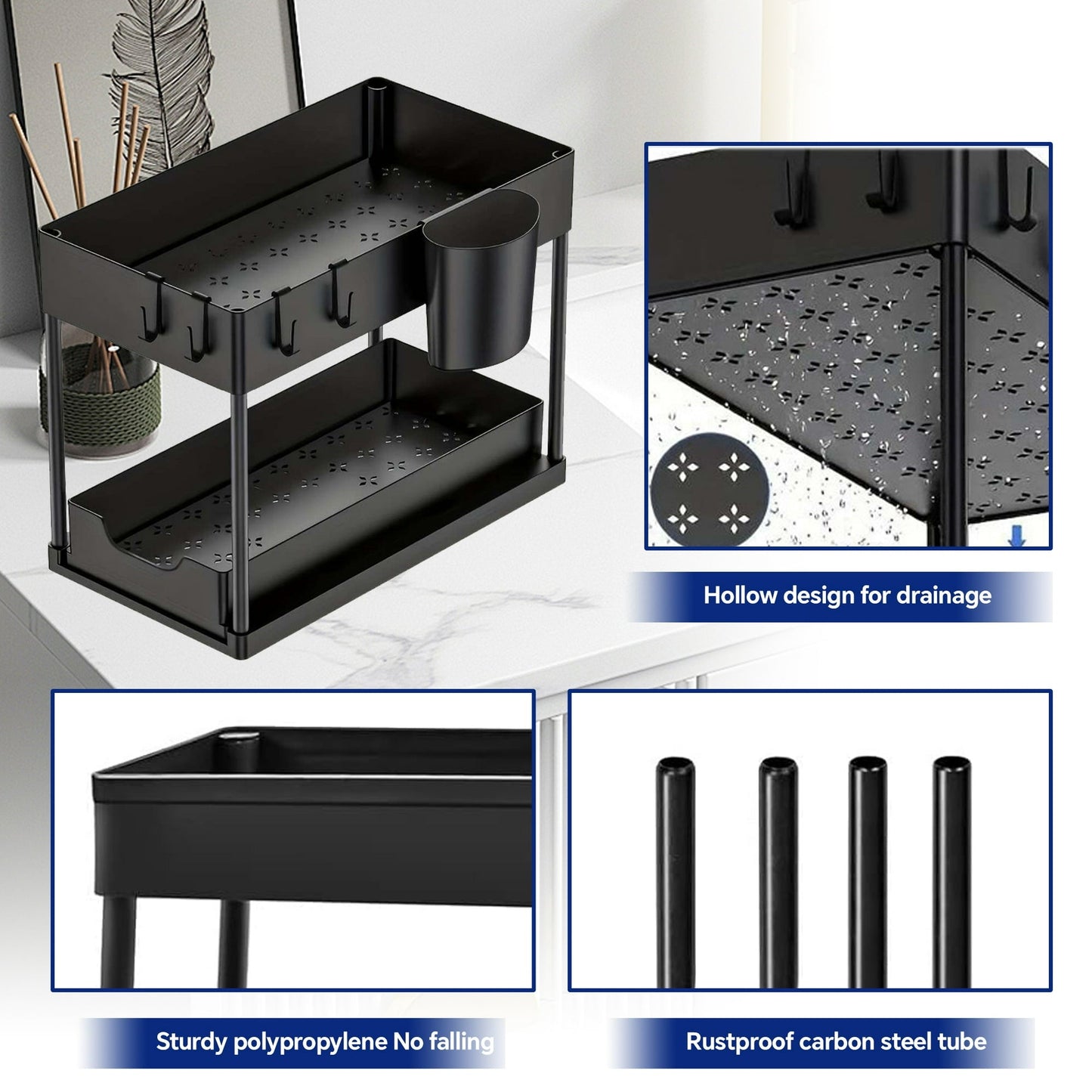 HioHa Under Sink Organizer, 2 Tier Under Sink Storage for Narrow Space, Pull Out Cabinet Organizer with 8 Hooks for Kitchen Bathroom, 2PCS