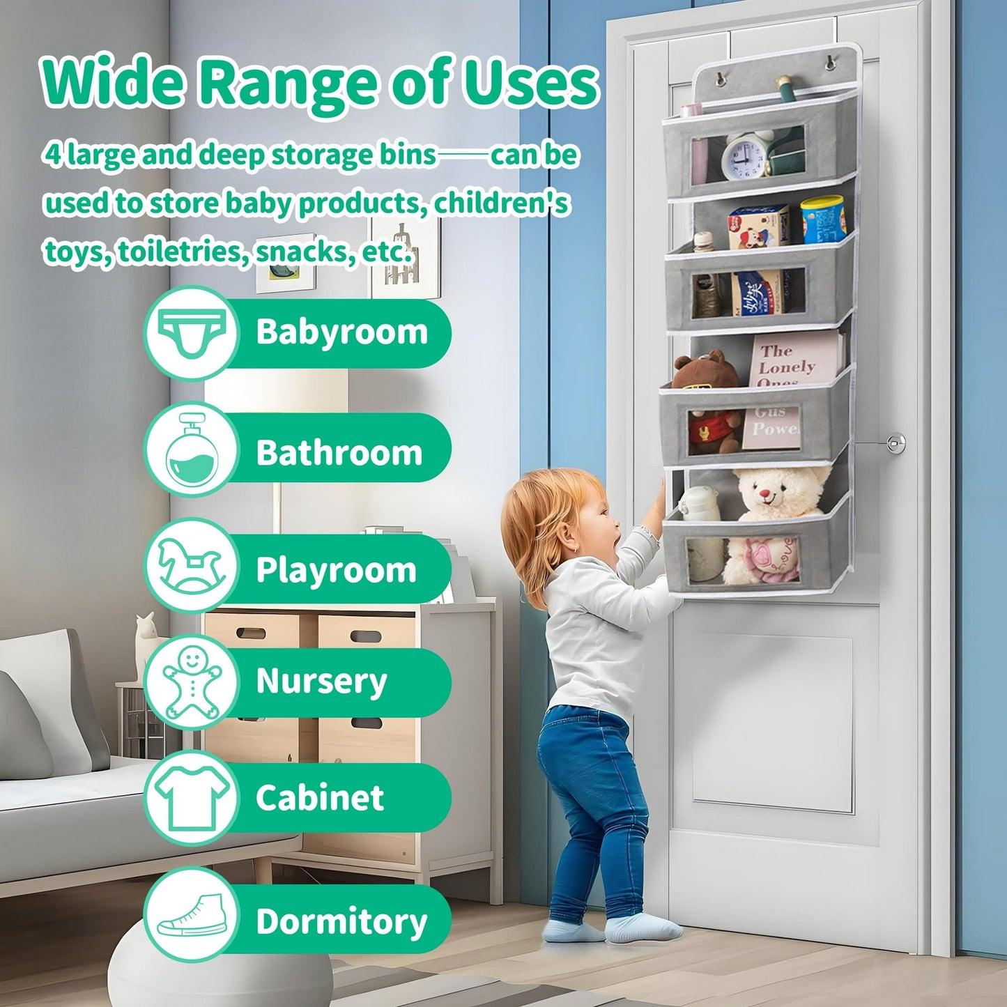 HioHa Over the Door Organizer, 4-Tier Hanging Closet Bathroom Storage with 6 Mesh Side Pockets, Wall Mount Toy Stuffed Animal Storage for Baby Essentials, Nursery£¬Bedroom, Bathroom, Dorm
