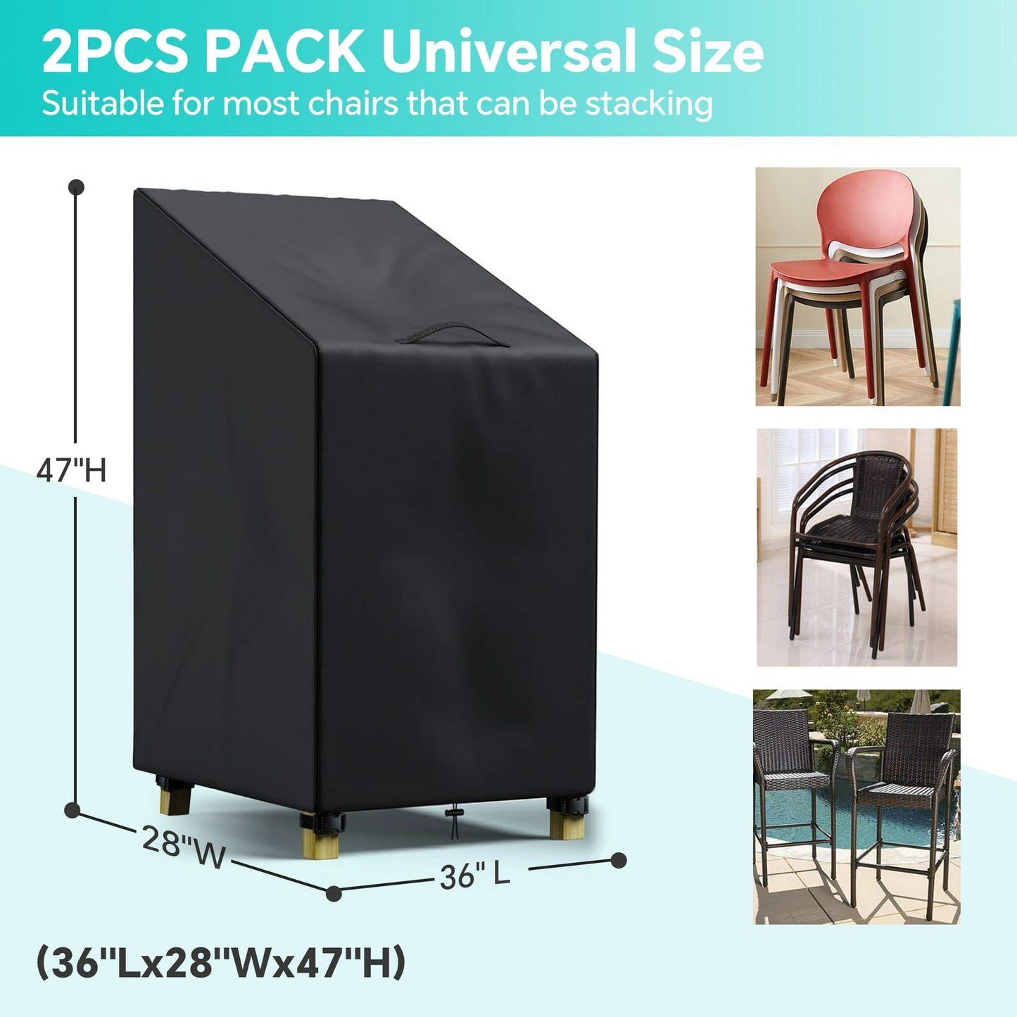 LCGOD Stackable Patio Chair Cover, Outdoor Chair Cover 100% Waterproof, High Back Lawn Patio Furniture Covers, Fits for 4-6 Stackable Dining Chairs, 2PCS, 28"Wx36"Dx47"H