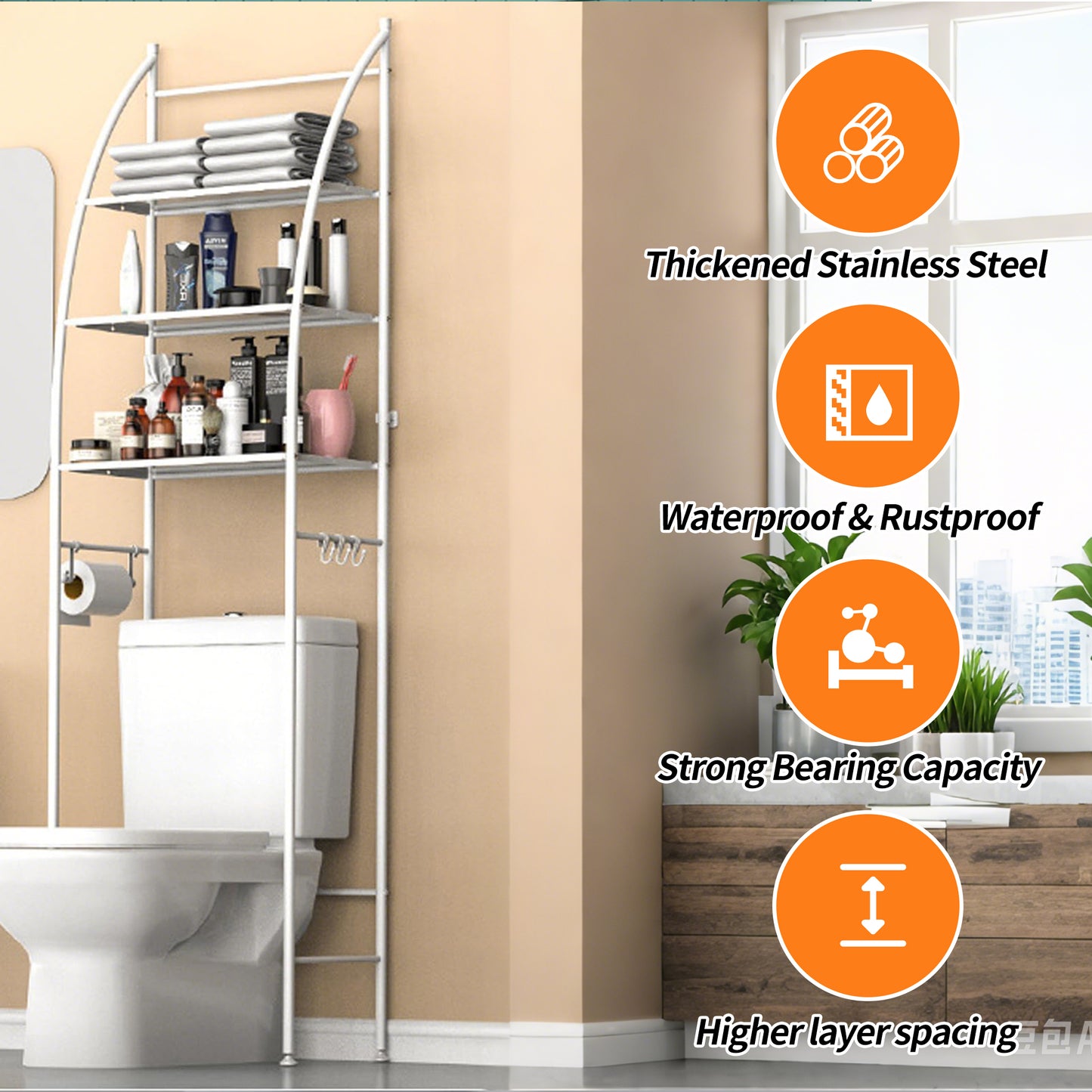 HioHa Over the Toilet Storage, Bathroom Organizer and Storage Shelf with Paper Holder and Hooks, New Over Toilet Storage Rack for Bathroom Laundry Room Balcony, 17.32"W White