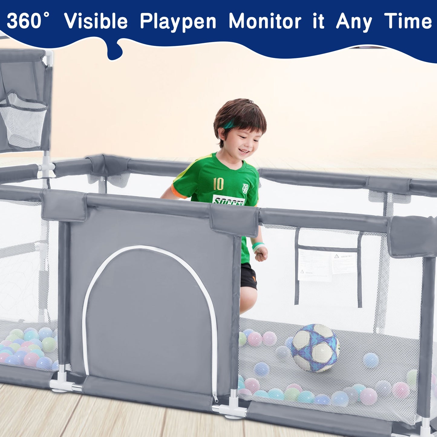 HioHa Large Baby Playpen, Big Playard with Basketball Hoop, Portable Play Yard Baby Fences with Storage Bag for Infant Toddler