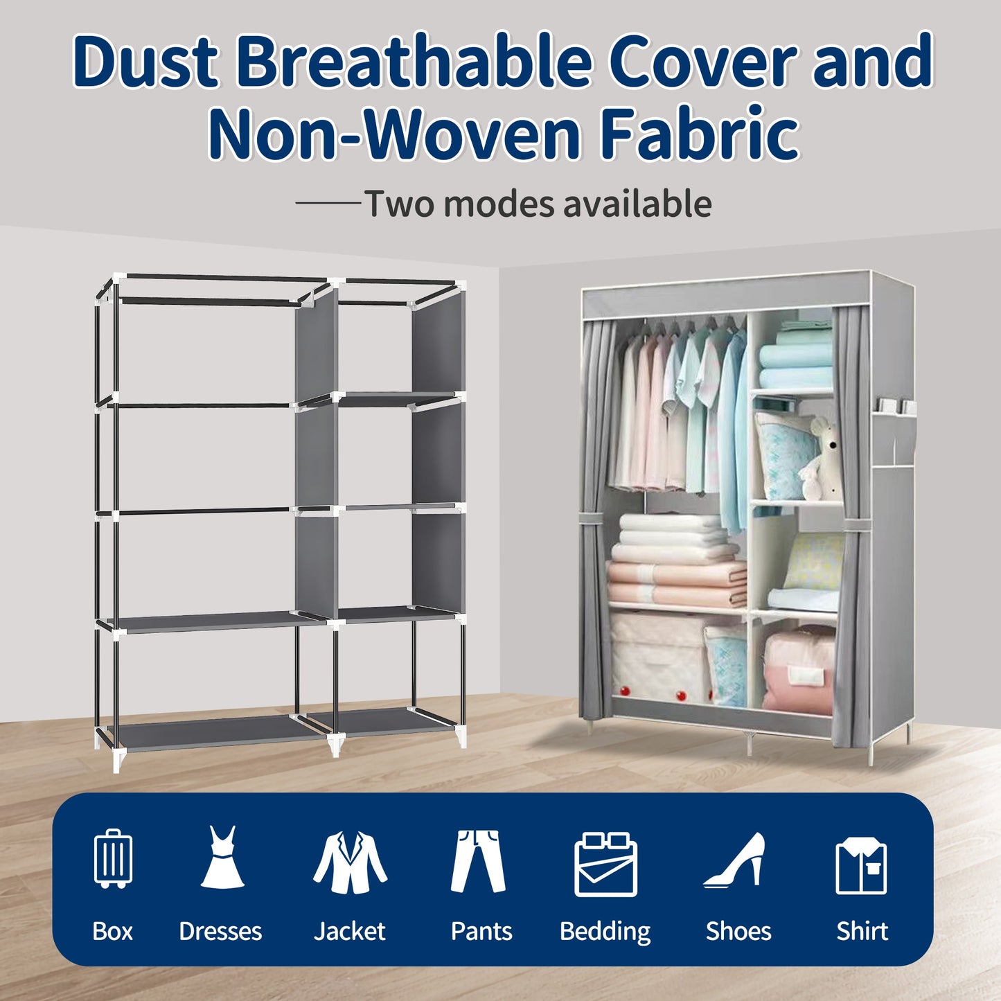 HioHa Portable Closet Storage Organizer Clothes Wardrobe Shoe Clothing Rack Shelf Dustproof Non-woven Fabric,Quick and Easy to Assemble 42inch