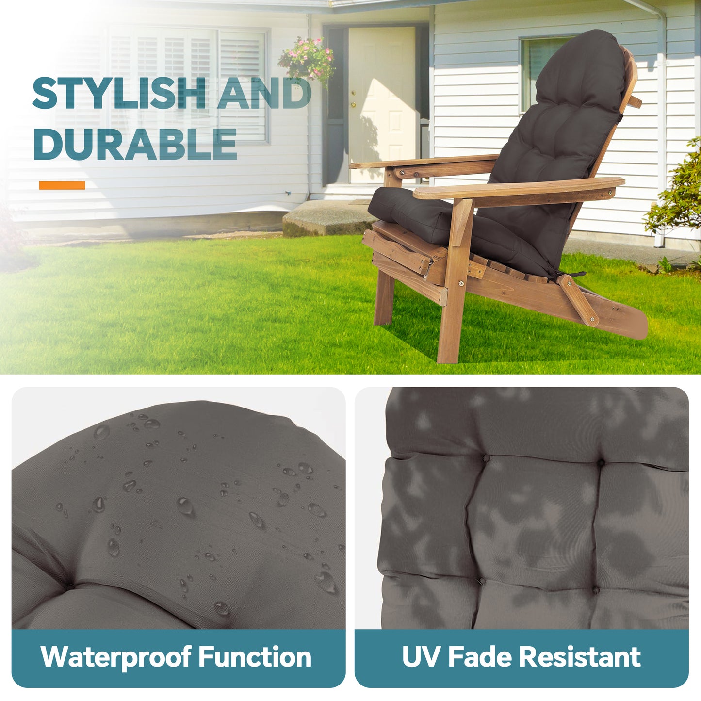 HioHa Adirondack Chair Cushion, 49x20x4.7 inch Patio Chair Cushion with Ties, Indoor/Outdoor Rocking Chair Cushion with Sunproof Waterproof and Fade-Resistant(Gray, 2pc)