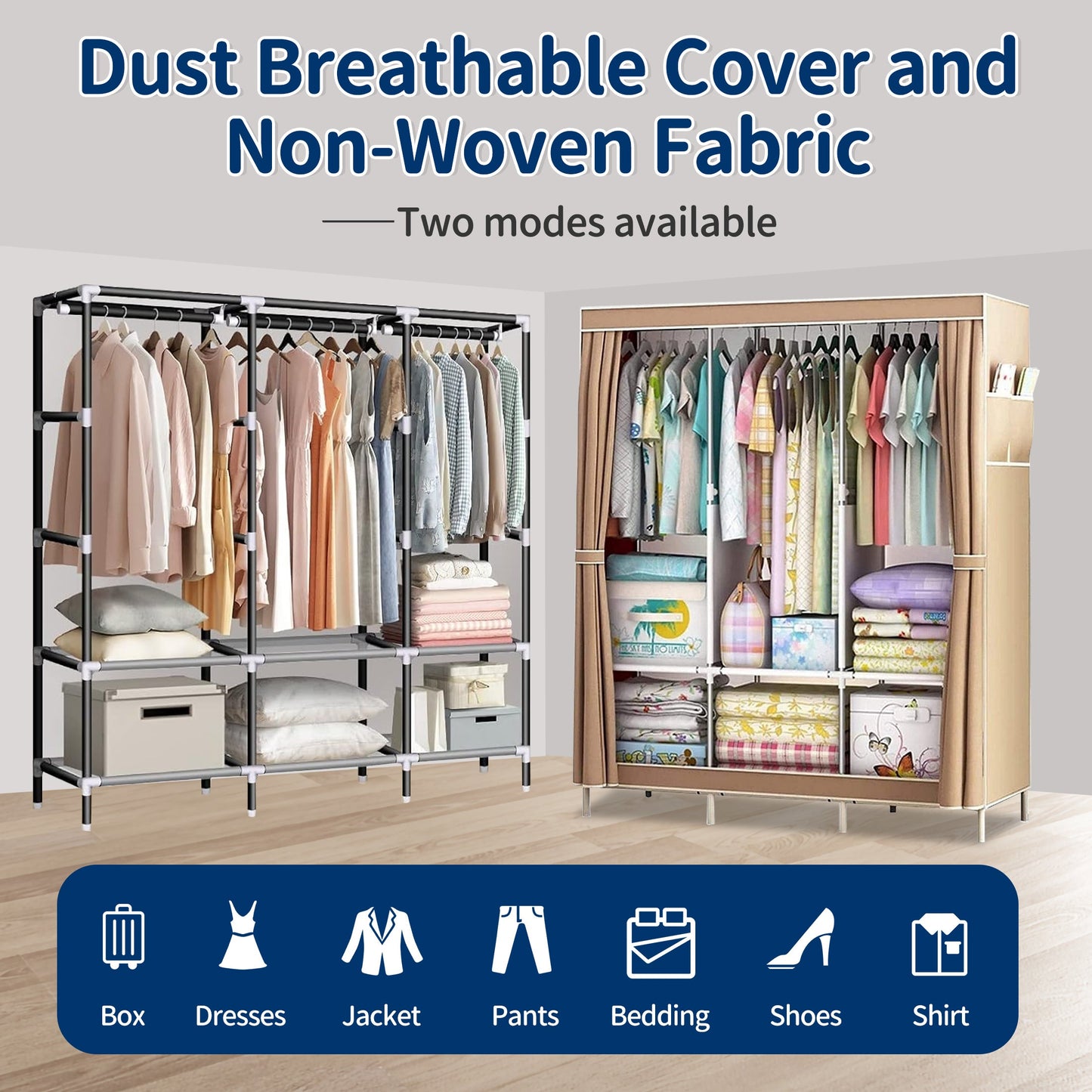 HioHa Wardrobe Closet, Portable Closet with Thickened Steel Pipe Steel Pipe, Clothes Storage Organizer with 3 Hanging Rods and 6 Storage Shelves and Side Pockets(Coffee)