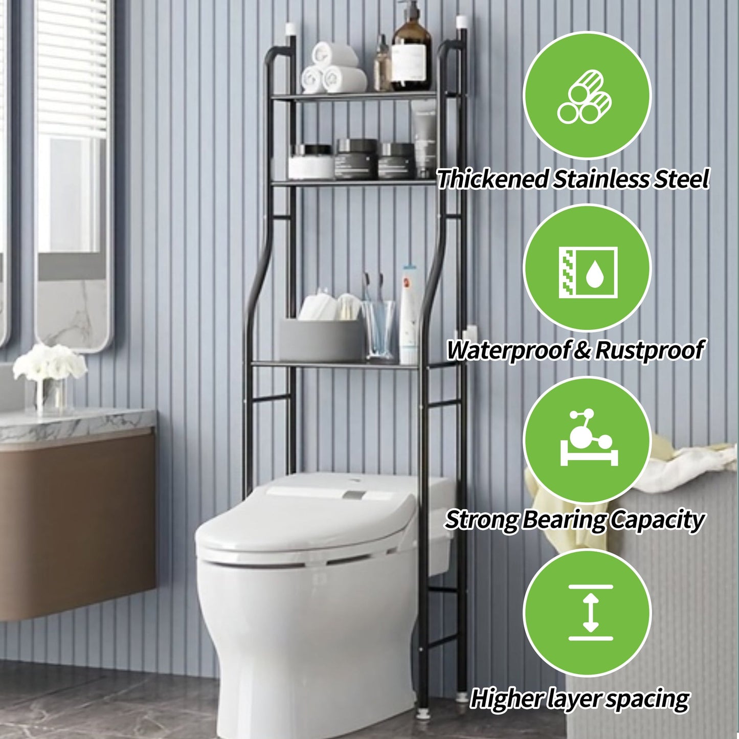 HioHa Over the Toilet Storage Rack, 3 Tier Bathroom Space Saver, Bathroom Corner Stand Storage Organizer Accessories Bathroom Towel Shelf 22"W Black