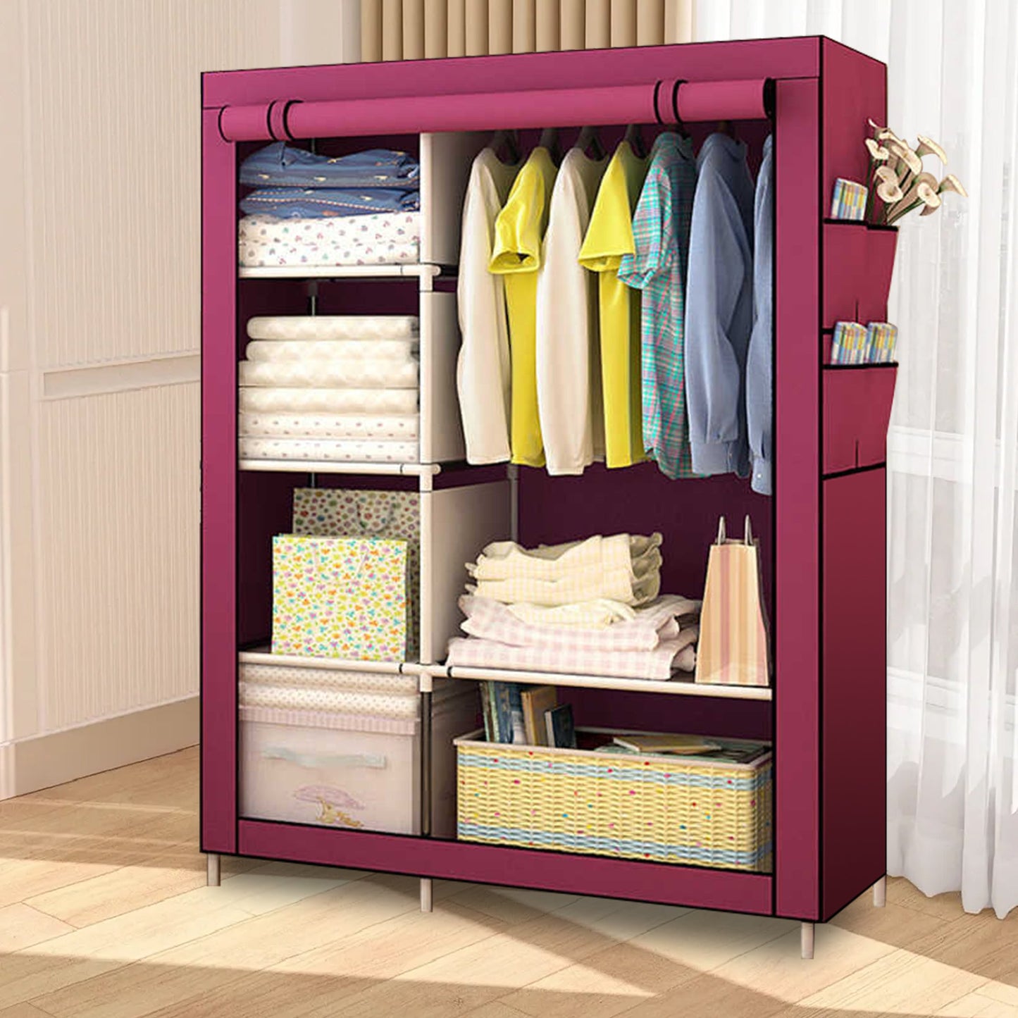 HioHa Portable Closet, Wardrobe Closet Storage with Thickened Steel Pipe, Clothes Storage Organizer with Waterproof Cover for Bedroom, 67x41x18 Inch(Burgundy)
