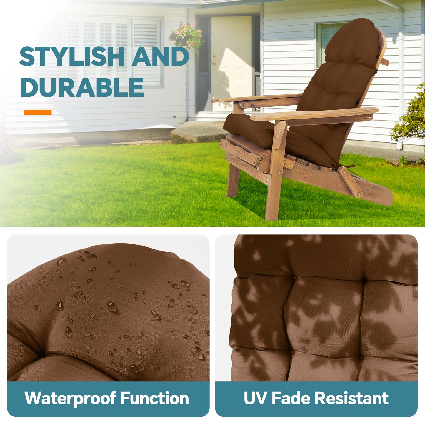 HioHa Adirondack Chair Cushion, 49x20x4.8 inch Patio Chair Cushion with Ties, Rocking Chair Cushion Indoor/Outdoor with Sunproof Waterproof and Fade-Resistant(Brown, 2pc)