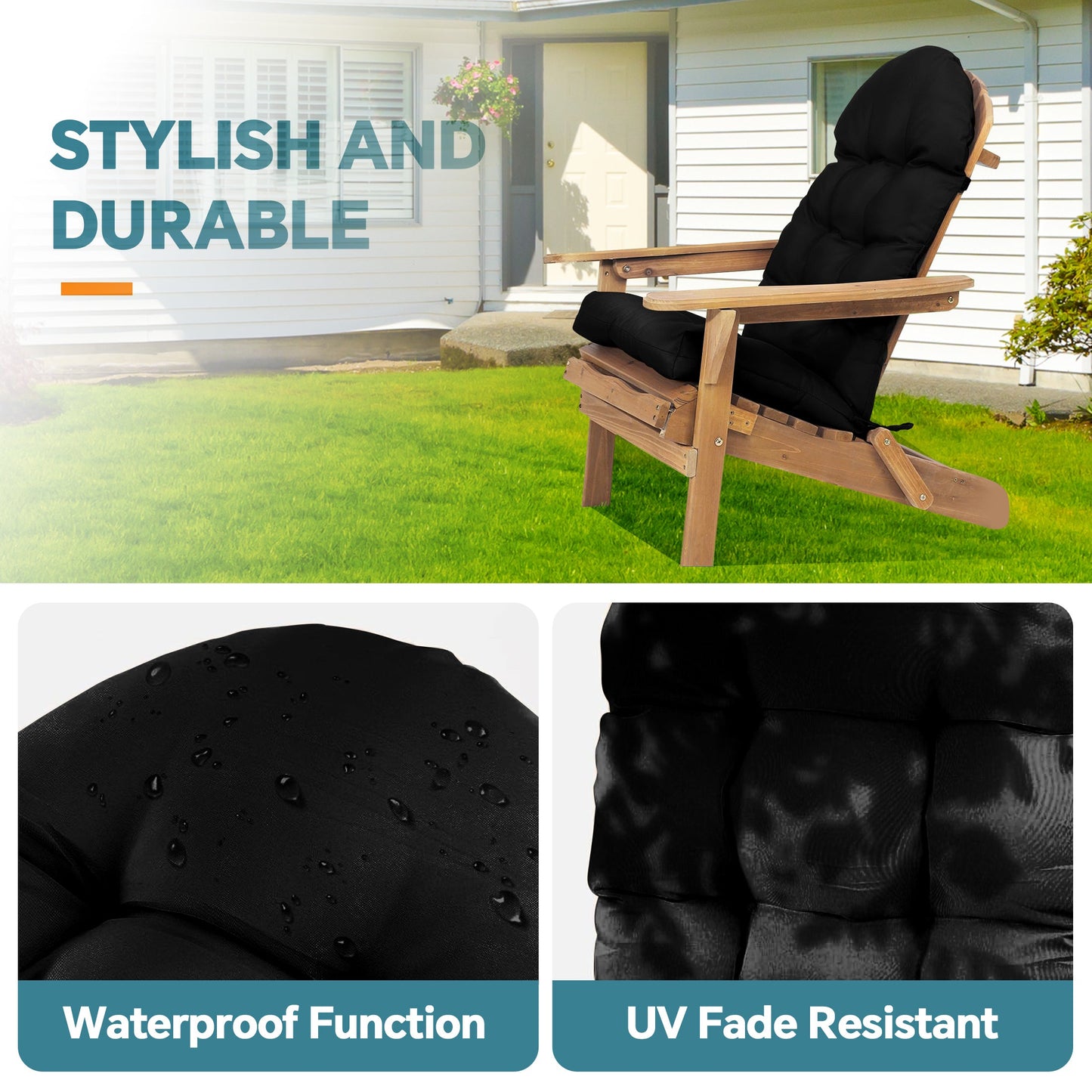 HioHa Adirondack Chair Cushion, Patio Chair Cushion with Ties 49x20x4.8 Inch, Indoor/Outdoor Rocking Chair Cushion with Sunproof Waterproof and Fade-Resistant(Black, 2pcs)